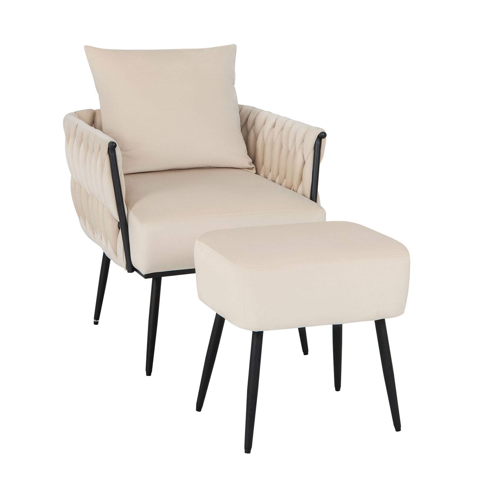 Front. Ecooso - Modern Dutch Velvet Accent Chair and Ottoman Set with Weaved Back and Armrests - White.