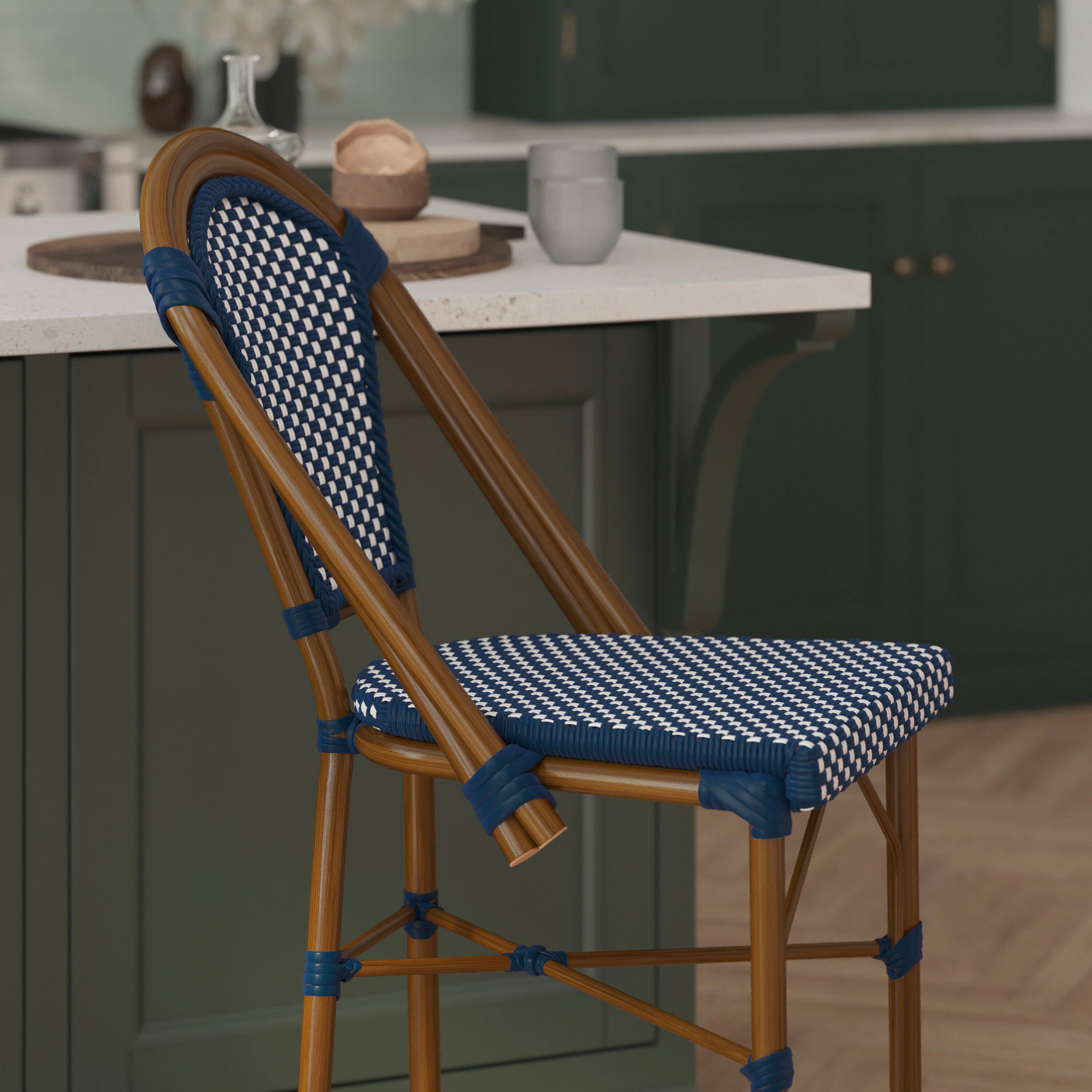 Alt View 4. Flash Furniture - Bordeaux Set of 2 Stackable Indoor/Outdoor Bistro 26" High Counter Height Stools, Commercial Grade, Navy/White and Bambo - Blue.