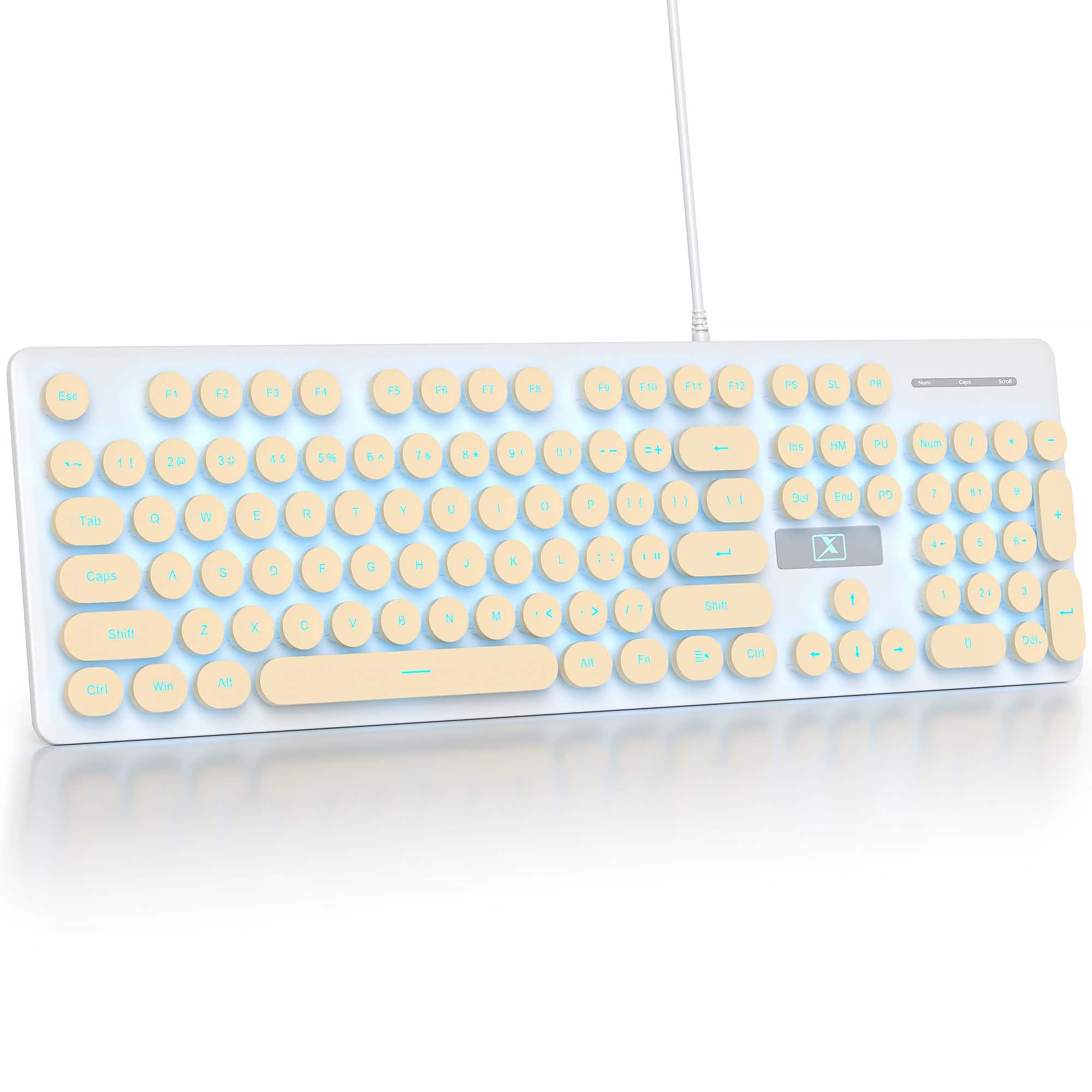 Pacoar Cade - Wired Retro Typewriter Quiet Full Size Membrane Light Up White Cute Computer Keyboards 104 Round Keys Blue Led Backlit - Khaki