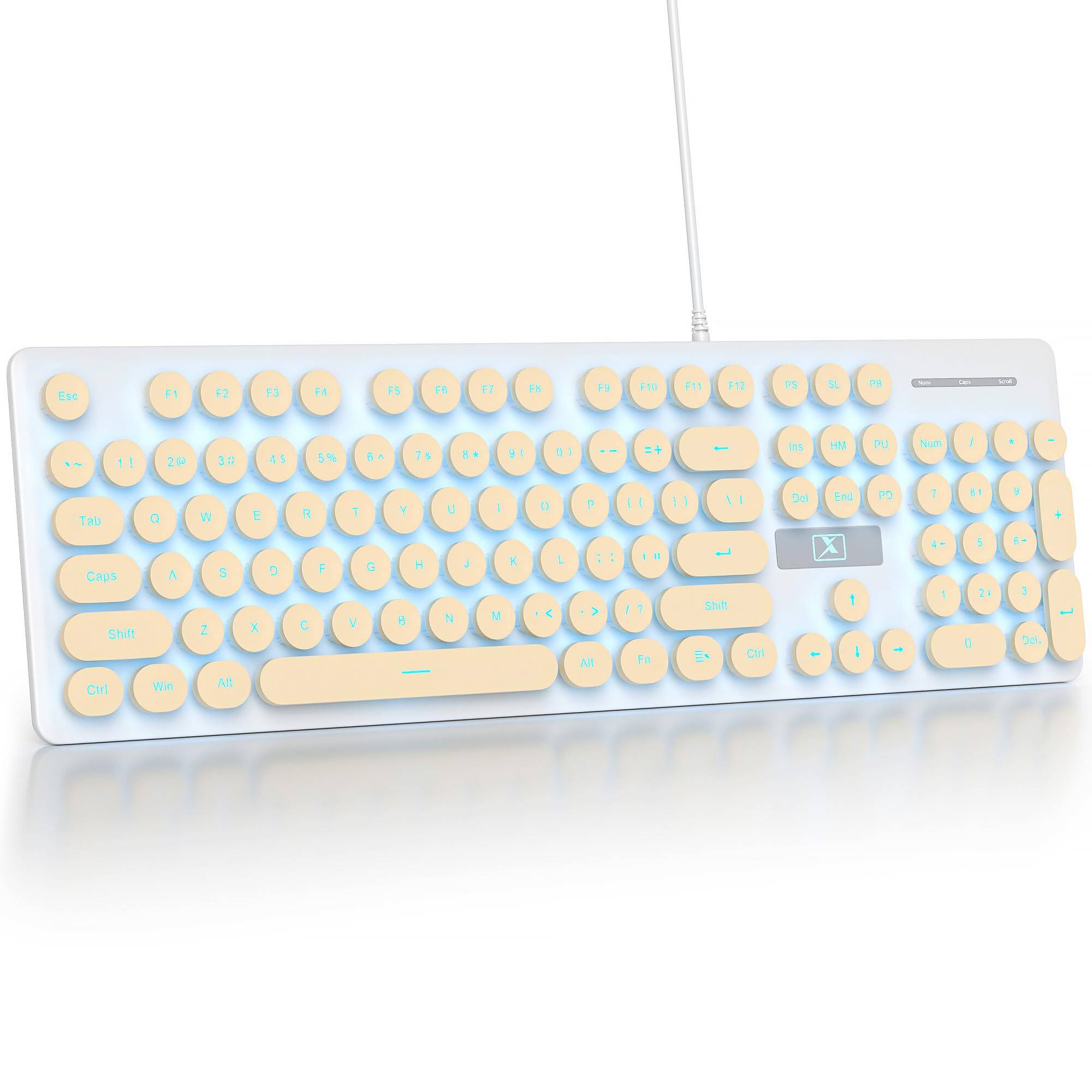 Comfort Essence - Wired Retro Typewriter Quiet Full Size Membrane Light Up Pink Cute Computer Keyboards 104 Round Keys White - Khaki