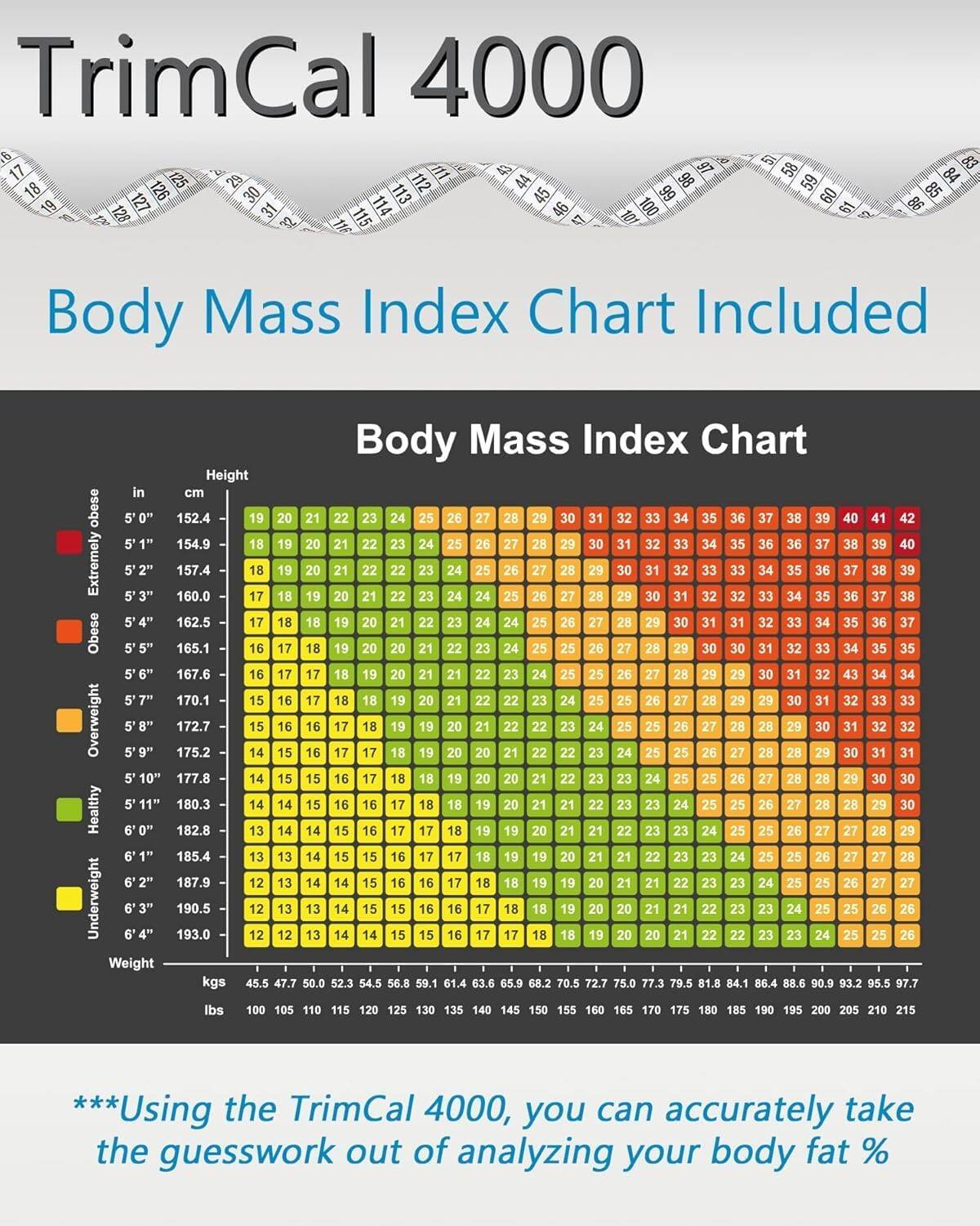 TrimCal 4000

Body Mass Index Chart Included

Body Mass Index Chart

| Height in cm | 152.4 | 154.9 | 157.4 | 160.0 | 162.5 | 165.1 | 167.6 | 170.1 | 172.7 | 175.2 | 177.8 | 180.3 | 182.8 | 185.4 | 187.9 | 190.5 | 193.0 |
|-------------|-------|-------|-------|-------|-------|-------|-------|-------|-------|-------|-------|-------|-------|-------|-------|-------|-------|
| Weight kgs  | 45.5  | 47.7  | 50.0  | 52.3  | 54.5  | 56.8  | 59.1  | 61.4  | 63.6  | 65.9  |