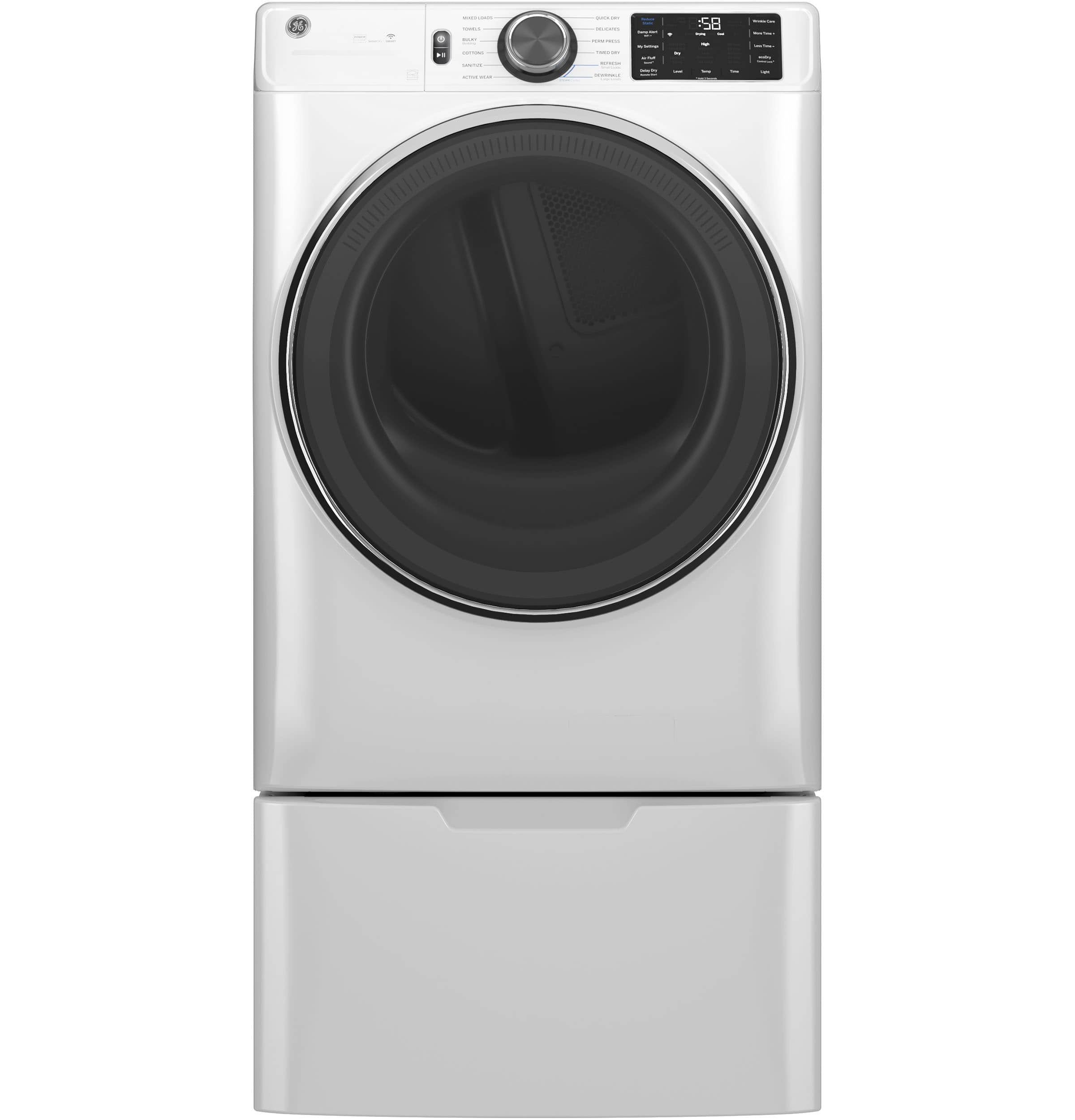 Left. GE - 7.8 Cu. Ft. Stackable Smart Electric Dryer with Steam - White.