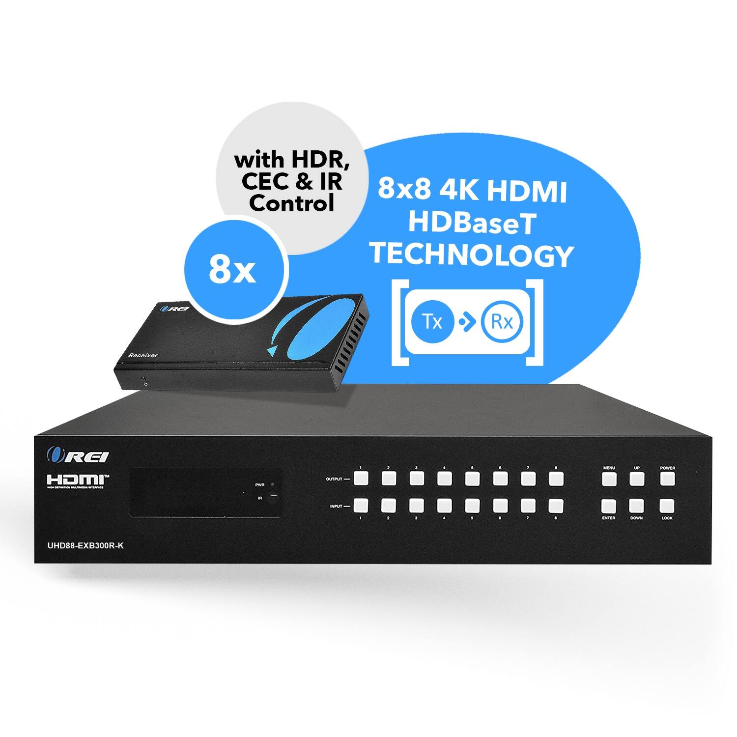 with HDR, CEC & IR Control  
8x8 4K HDMI HDBaseT TECHNOLOGY  
8x 0 Tx Rx Receiver  
REI HDMI  
UHD88-EXB300R-K