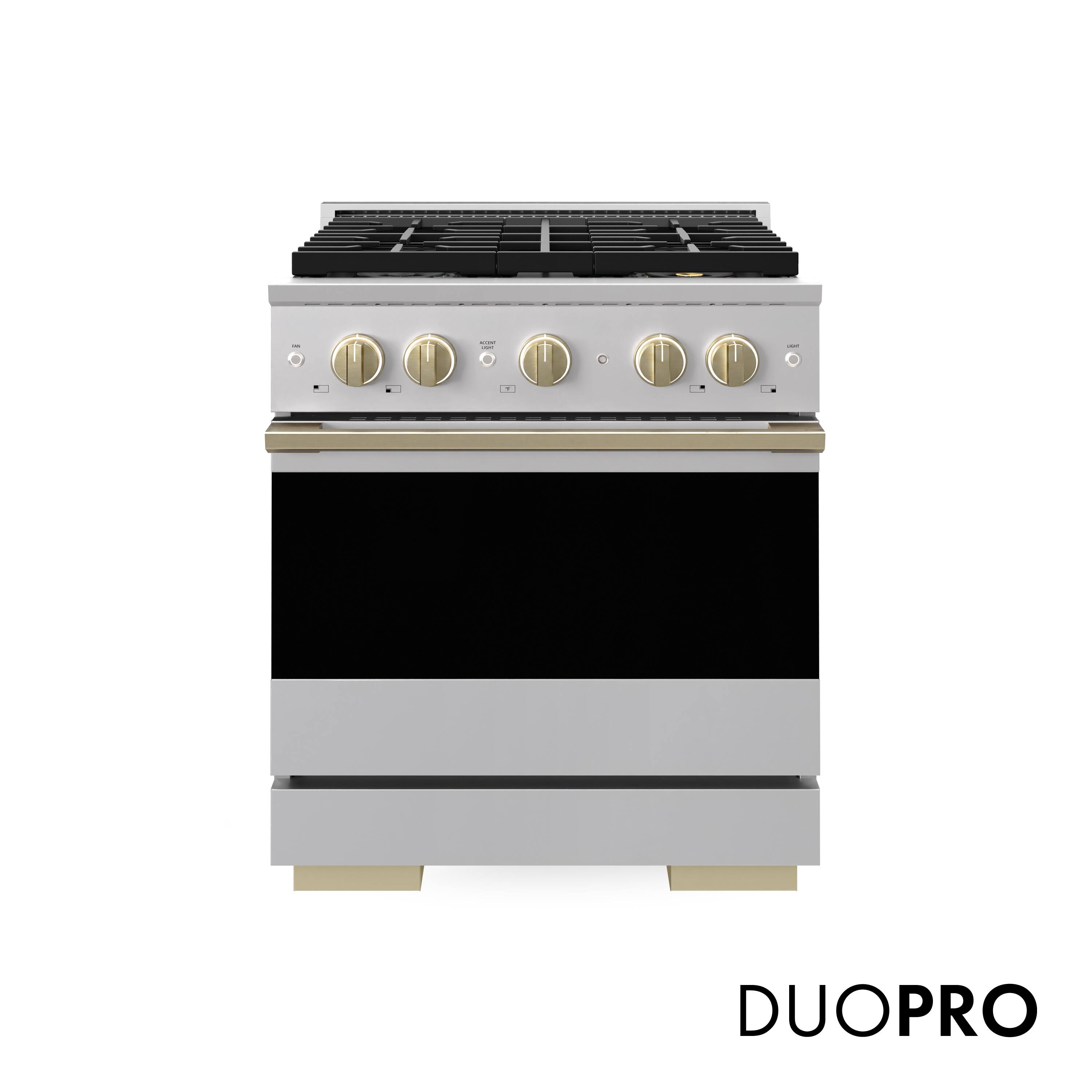 Front. ZLINE - Autograph 30 in. 4.2 cu. ft. Marino Freestanding DuoPro Gas Range with Convection Oven & Champagne Bronze Accents - Stainless Steel.