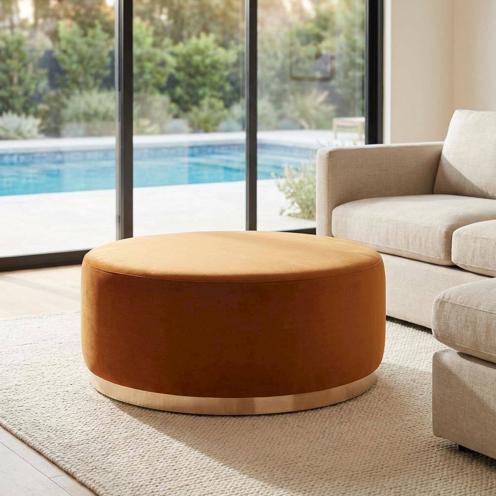 Left. Outdoor Escape - Performance Velvet 38-Inch Round Outdoor Ottoman, Plush Upholstery, Versatile - Brown.