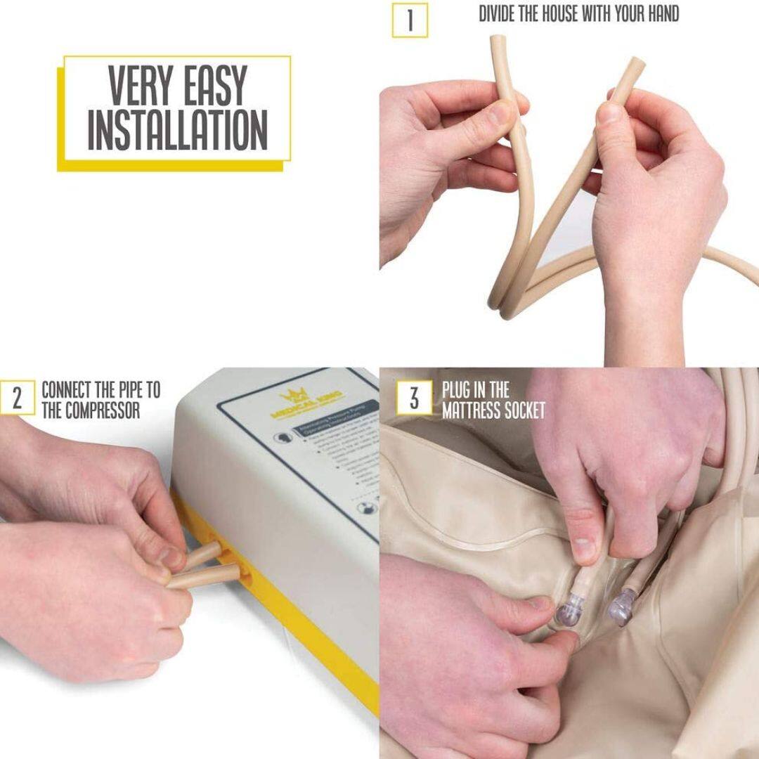 1. Divide the hose with your hand  
2. Connect the pipe to the compressor  
3. Plug in the mattress socket  

Very easy installation