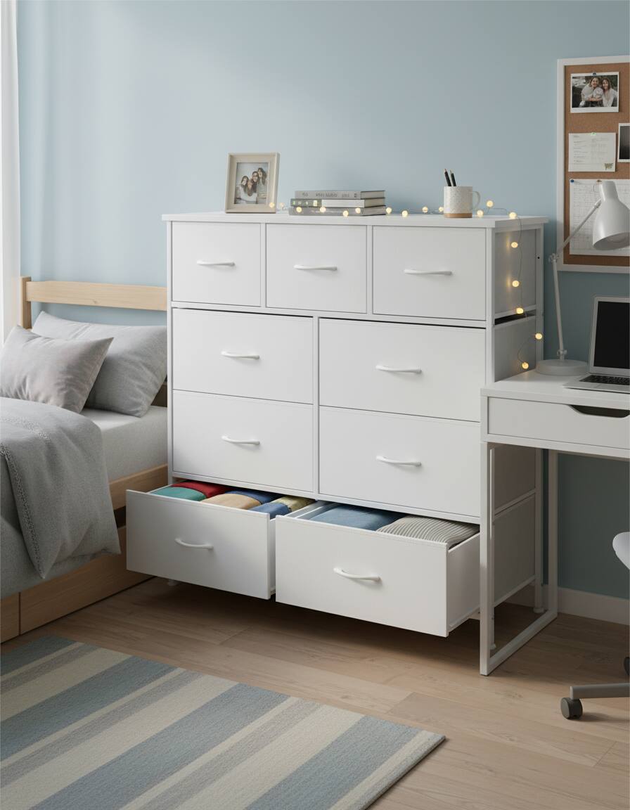 Angle. AOITUN - Wide 9-Drawer Fabric Dresser 47", White Storage Chest with Narrow Depth, Horizontal Organizer for Bedroom - White.