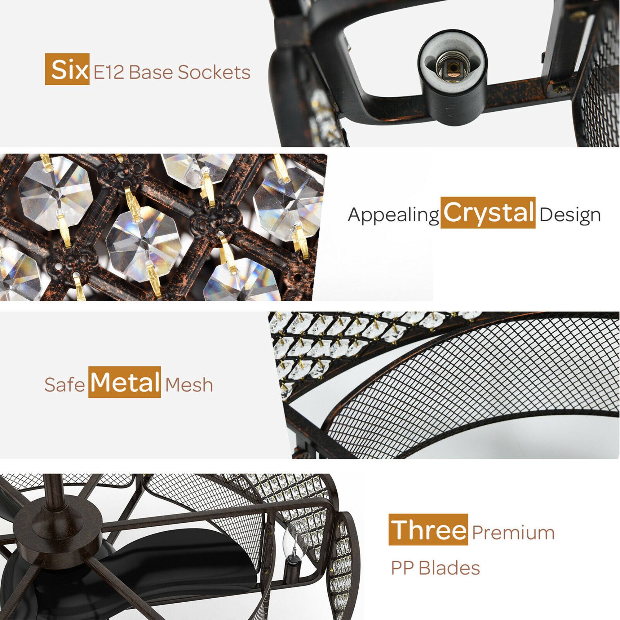 Six E12 Base Sockets  
Appealing Crystal Design  
Safe Metal Mesh  
Three Premium PP Blades