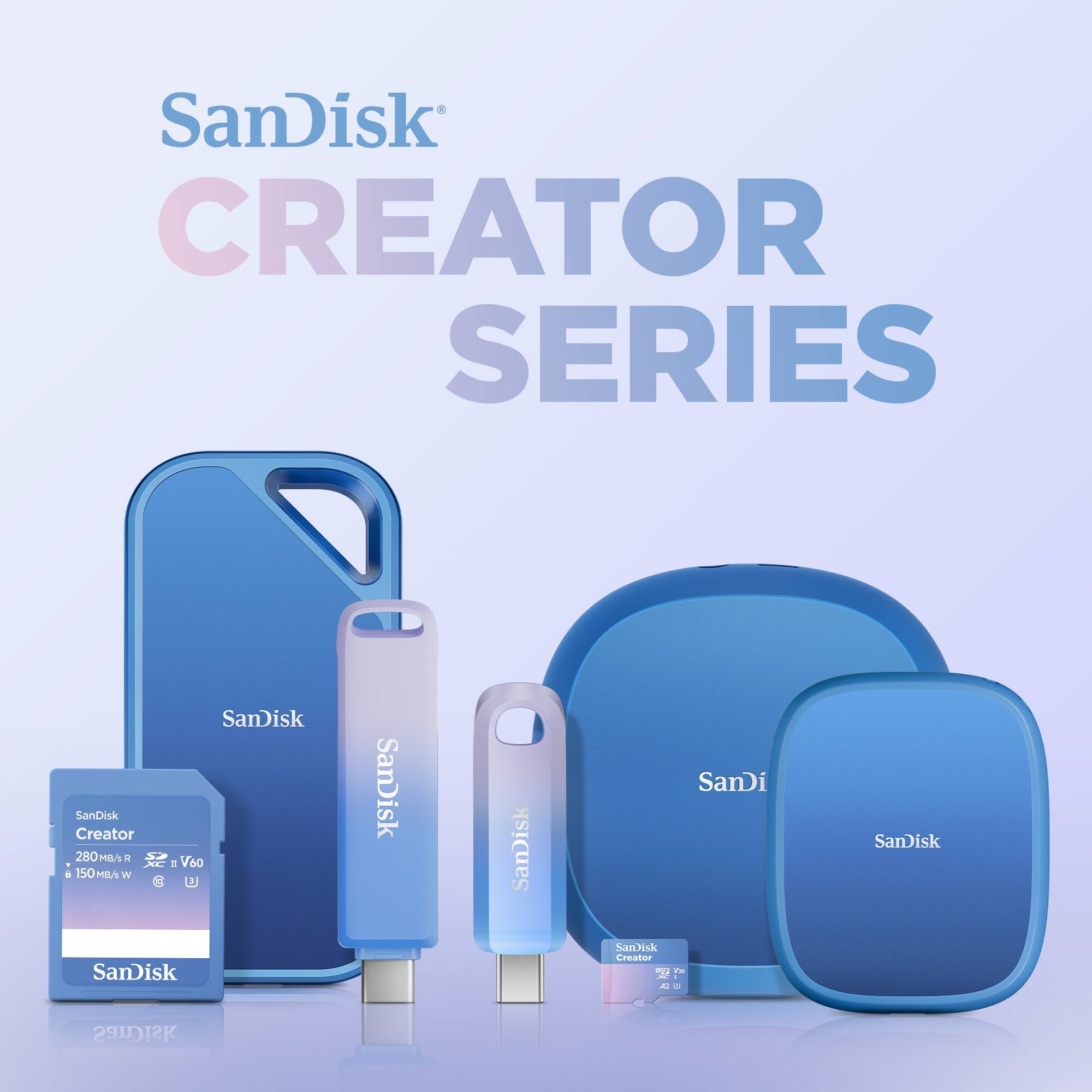 The image features a variety of SanDisk Creator Series products, including a memory card, a flash drive, and a memory card reader. The memory card is blue and has a capacity of 280 MB. The flash drive is also blue and has a capacity of 150 MB. The memory card reader is also blue and is compatible with both SD and microSD cards. The products are arranged in a visually appealing manner, showcasing the different options available in the SanDisk Creator Series.