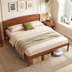 Front. Gymax - Gymax King Size Wooden Platform Bed Frame w/Curved Headboard Solid Pine Wood Legs Walnut - Brown.