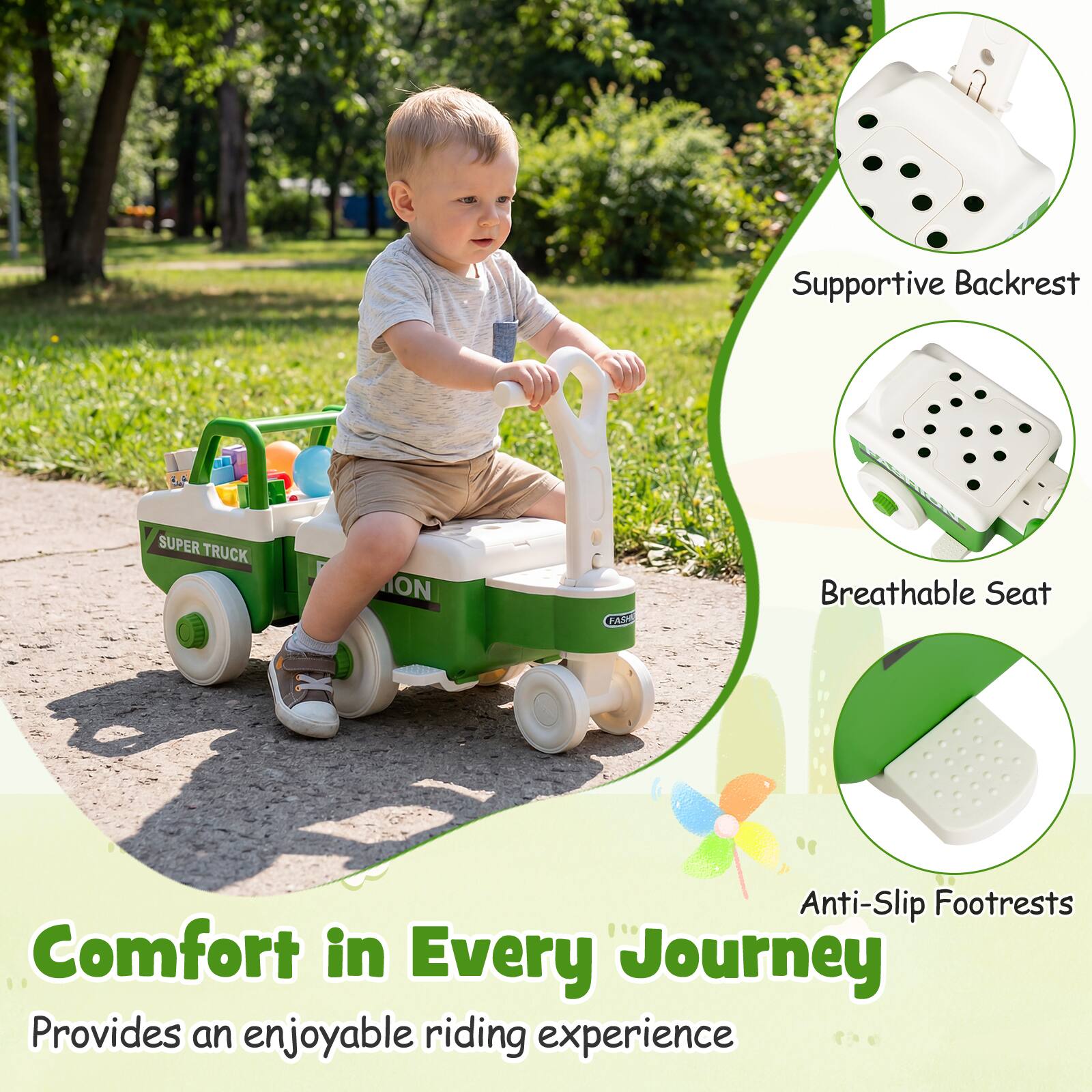 Supportive Backrest  
SUPERTRUCK  
Breathable Seat  
Anti-Slip Footrests  
Comfort in Every Journey  
Provides an enjoyable riding experience