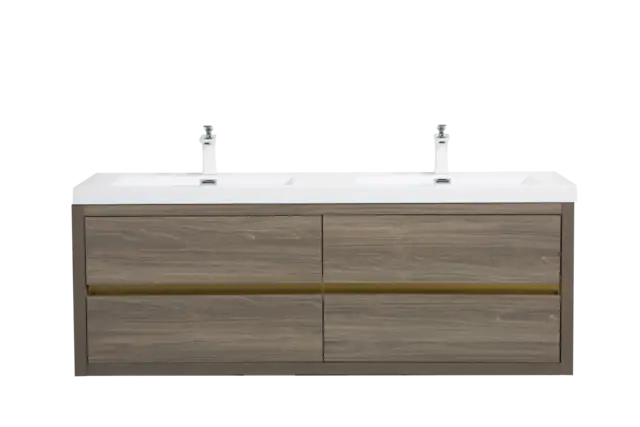 Front. Boyel Living - 60In Wall Mounted Bathroom Vanity Double Sinks Ash Grey Stone Resin Countertop Soft Close Drawers - Grey Ash.