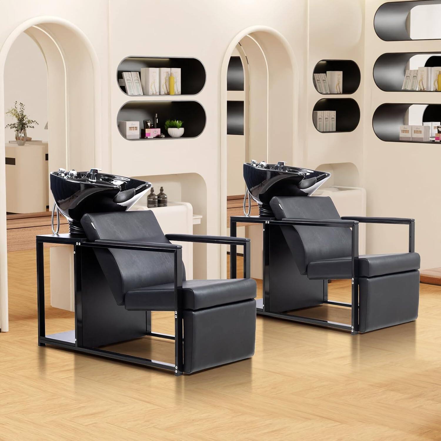 Alt View 4. Winado - Barber Shampoo Chair Backwash Unit with Porcelain Sink & Retractable Sprayer & Storage Shelf & Neck Rest for Beauty Spa - Black.