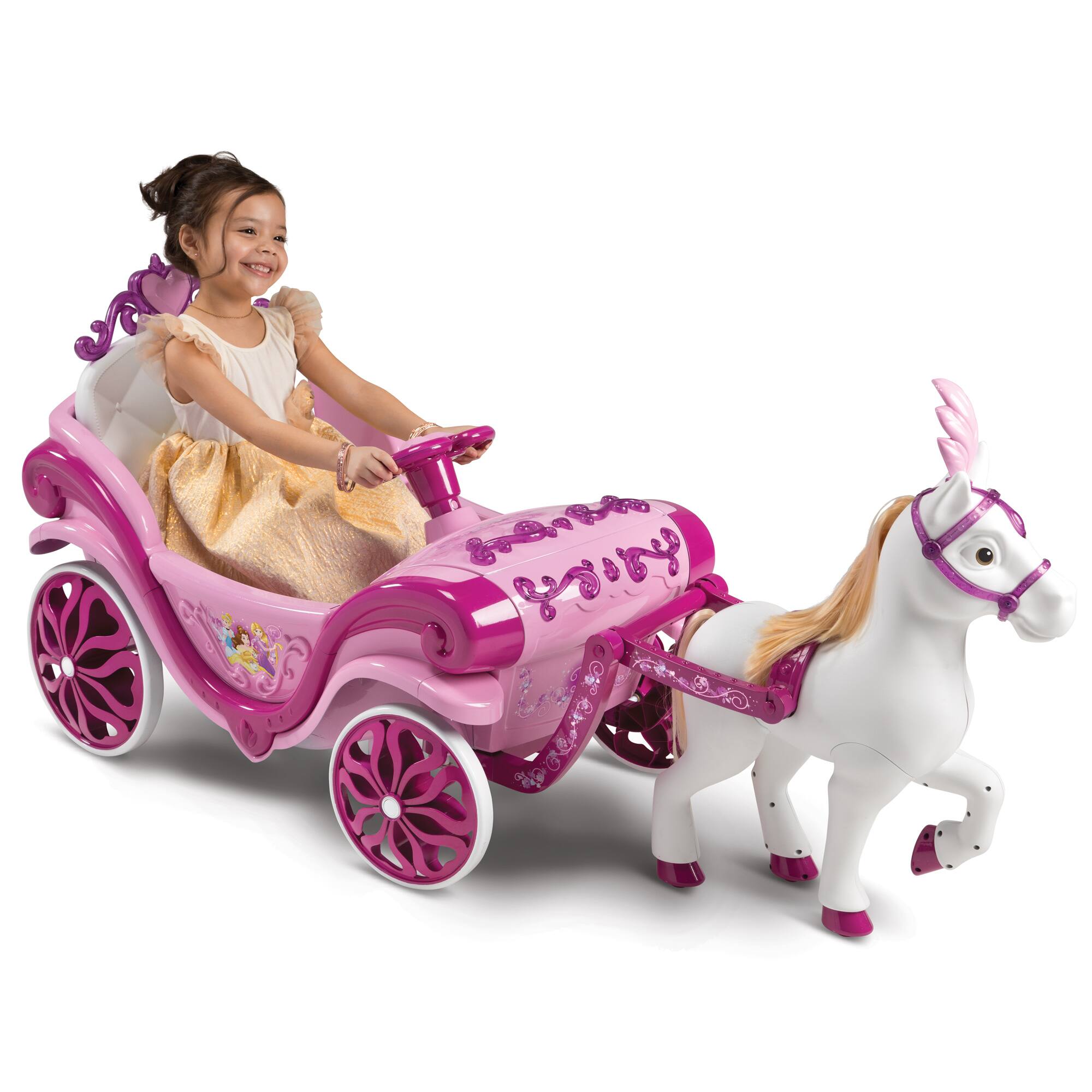 Huffy - 6V Disney Princess Carriage Ride-On with Horse – Forward & Reverse, Princess Sounds, Folds Up – Ages 3–7 - Pink