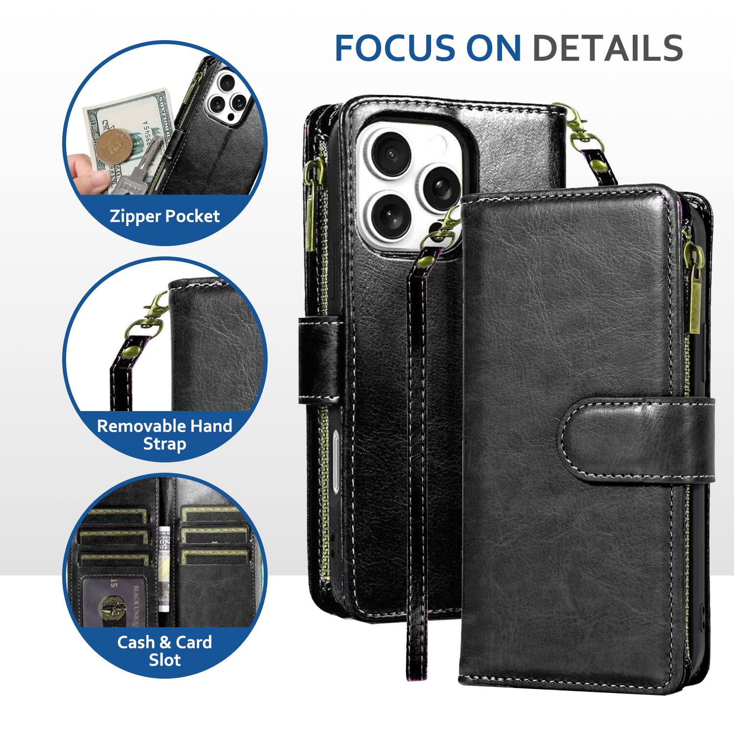 FOCUS ON DETAILS

- Zipper Pocket
- Removable Hand Strap
- Cash & Card Slot