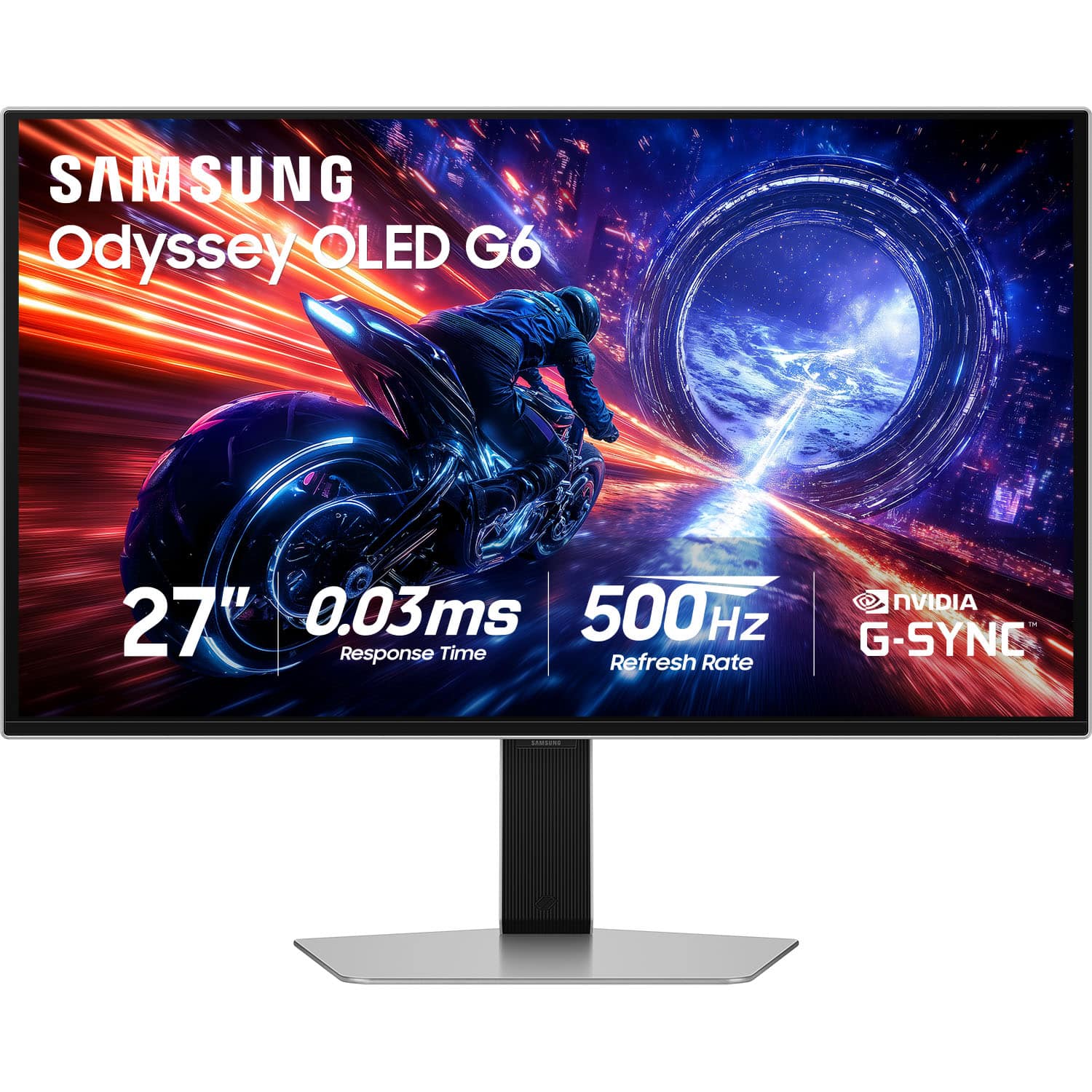Samsung - 27" Odyssey OLED G6 (G60SF) QHD 500Hz 0.03ms GSync Compatible and FreeSync Prem Pro Gaming Monitor with HDR 500 - Silver - Front_Zoom