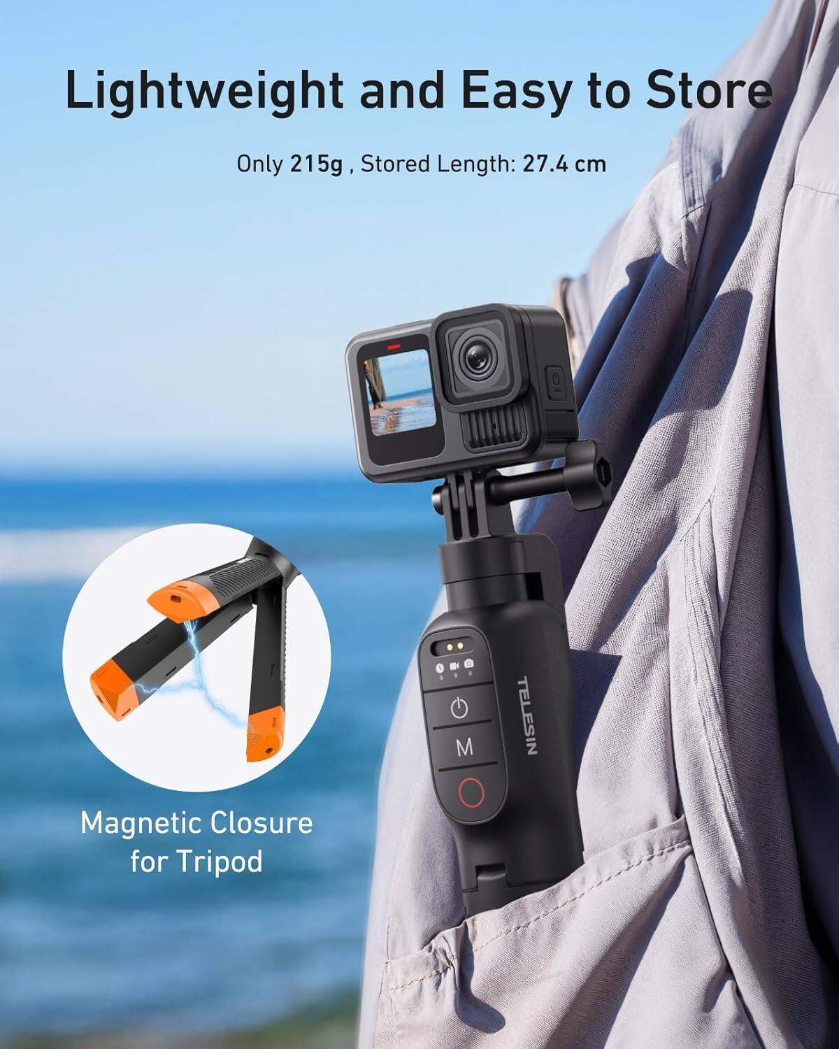 Lightweight and Easy to Store  
Only 215g, Stored Length: 27.4 cm  

Magnetic Closure for Tripod  

TELESIN