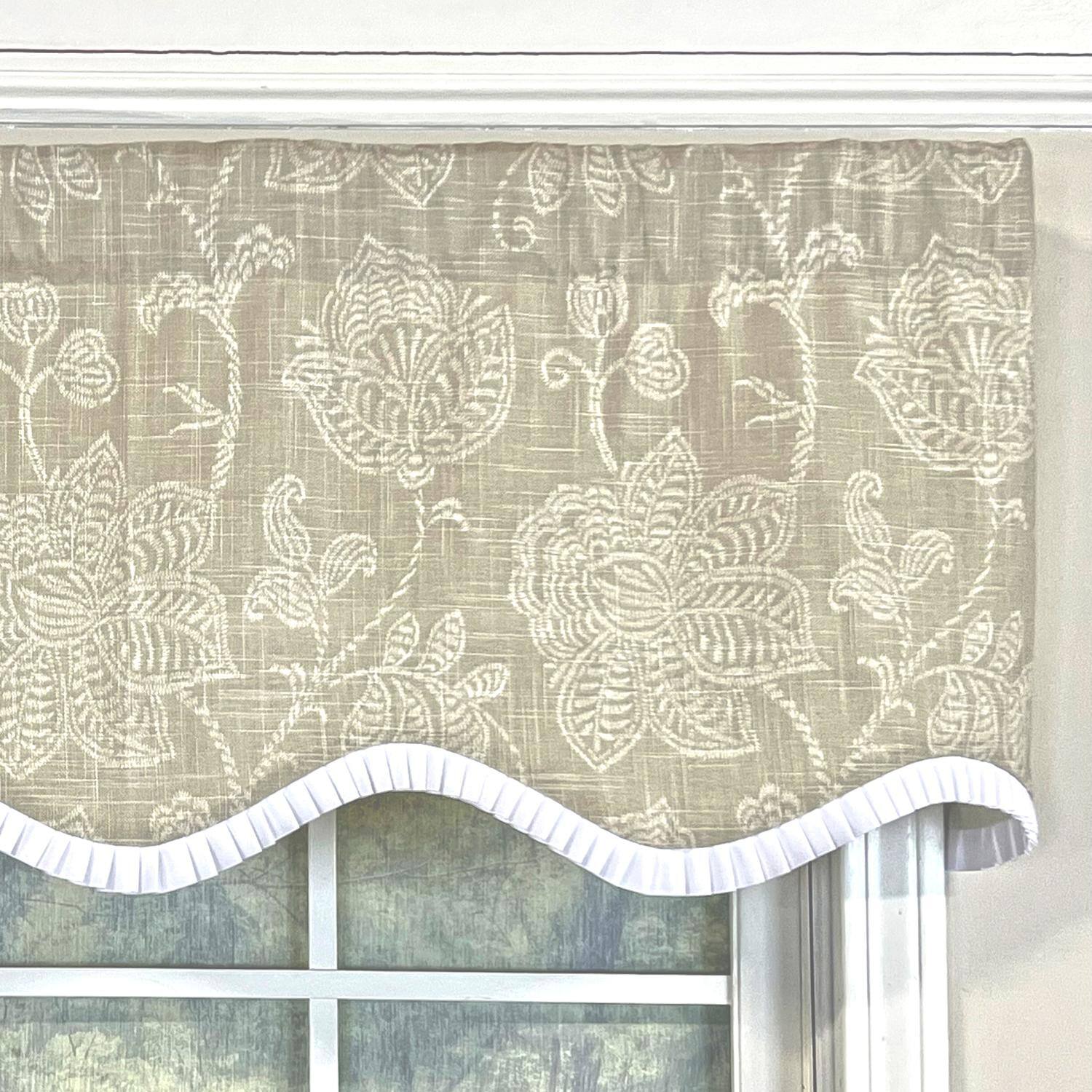 Left. RLF Home - RLF Home Cross Stitch Ruffled Provance  100% Cotton with Fully Lined 3" Rod PocketWindow Valance 50" x 15" Taupe - Taupe.