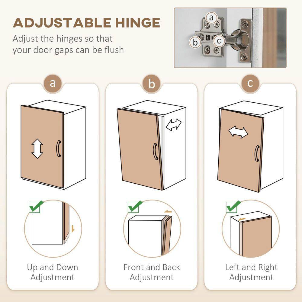 ADJUSTABLE HINGE

Adjust the hinges so that your door gaps can be flush

a. Up and Down Adjustment
b. Front and Back Adjustment
c. Left and Right Adjustment