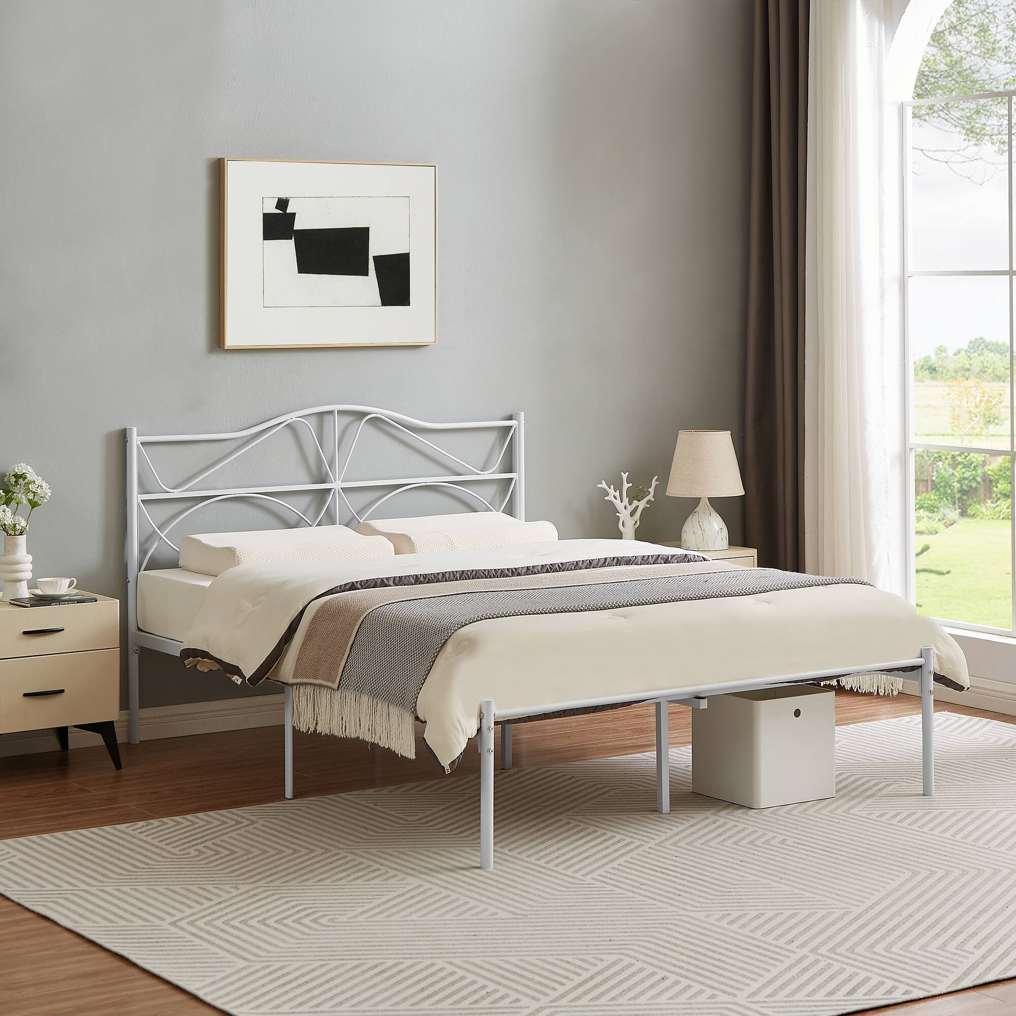 Alt View 2. Vecelo - Queen Size Metal Platform Bed Frame,Sturdy Slats Support Mattress Foundation, No Box Spring Needed,White - White.