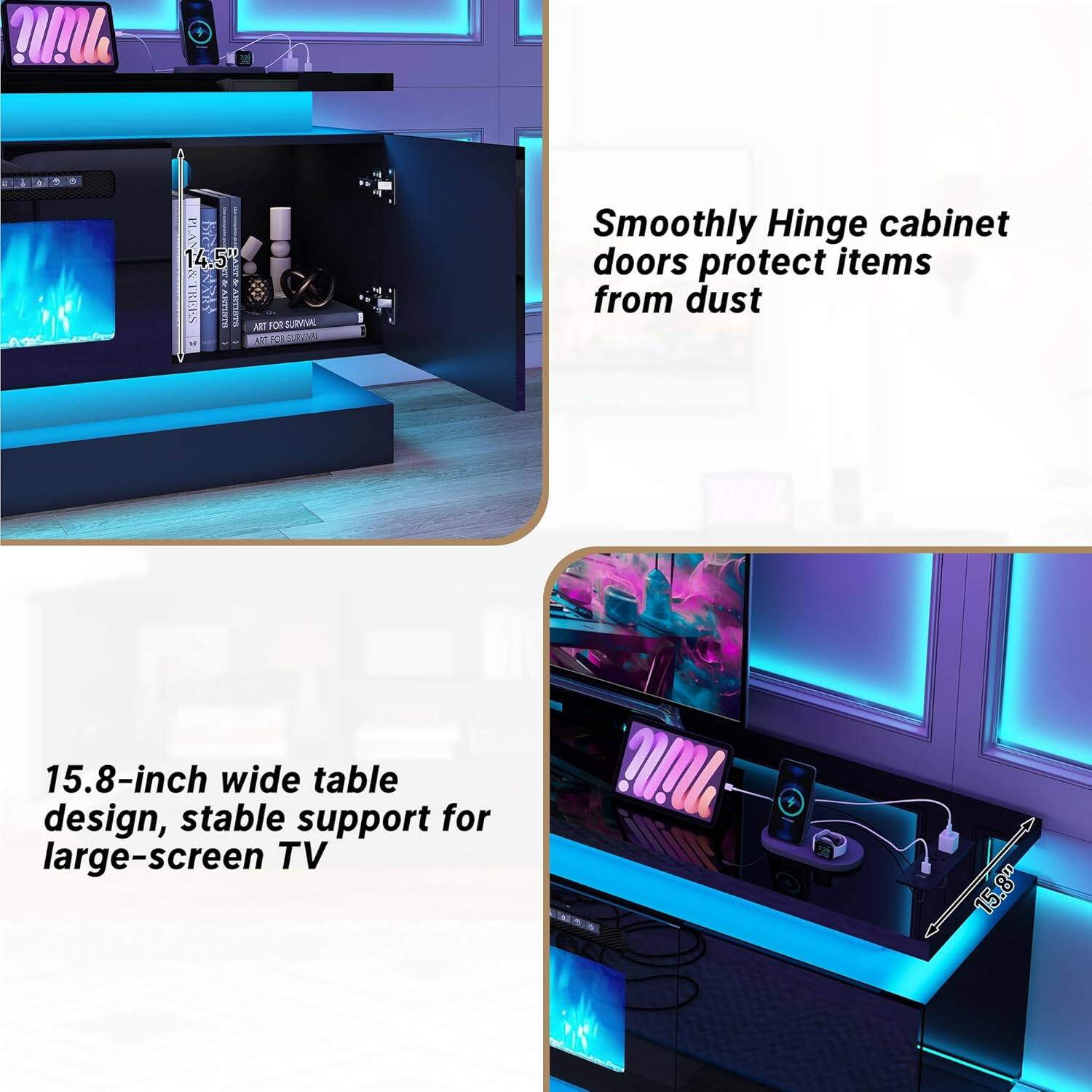 - M PLAN DAC 14 14.5" & SME sASV SILRY JUNVIVAL AIT 1O AL
- Smoothly Hinge cabinet doors protect items from dust
- 15.8-inch wide table design, stable support for large-screen TV