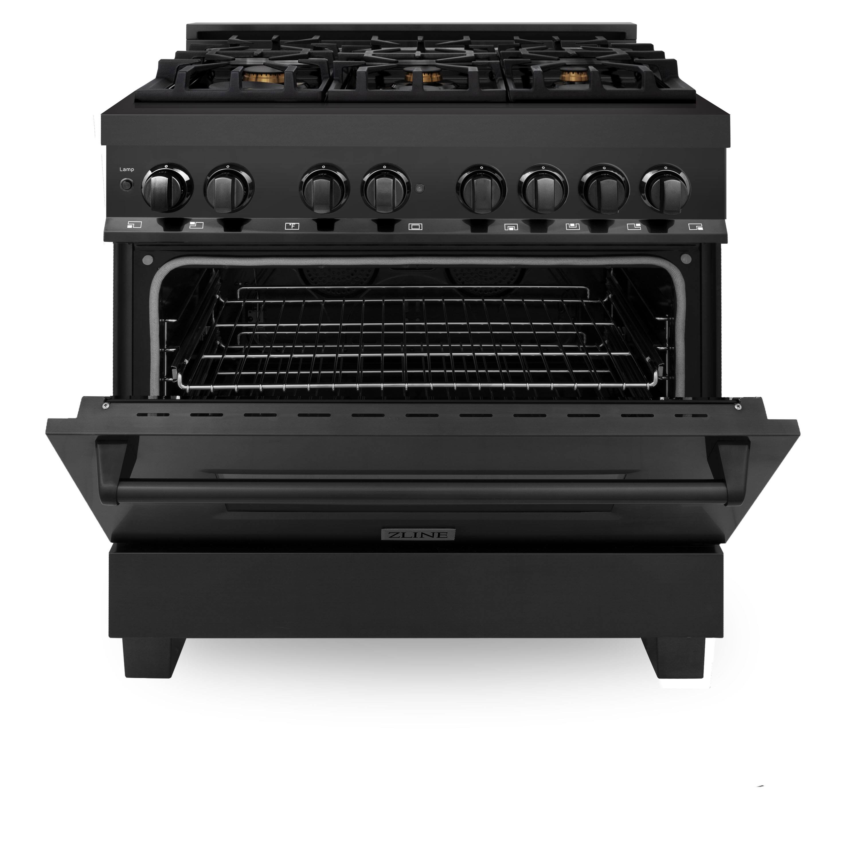 Angle. ZLINE - 36" Legacy Dual Fuel Range with 6 Brass Burners & Oven (RAB-BR-36) - Black Stainless Steel.