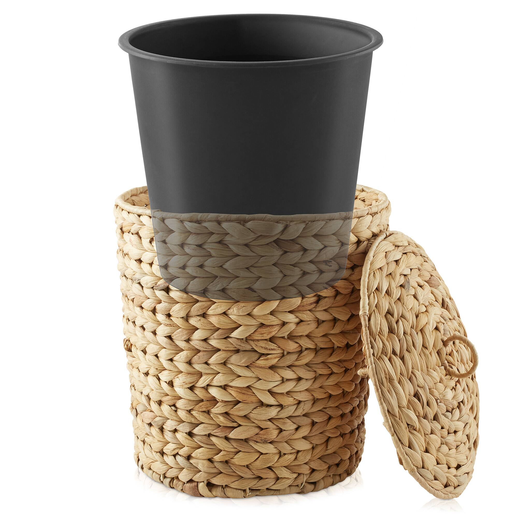 Alt View 2. Casafield - Water Hyacinth Waste Basket with Lid - Woven Trash Can - Natural.