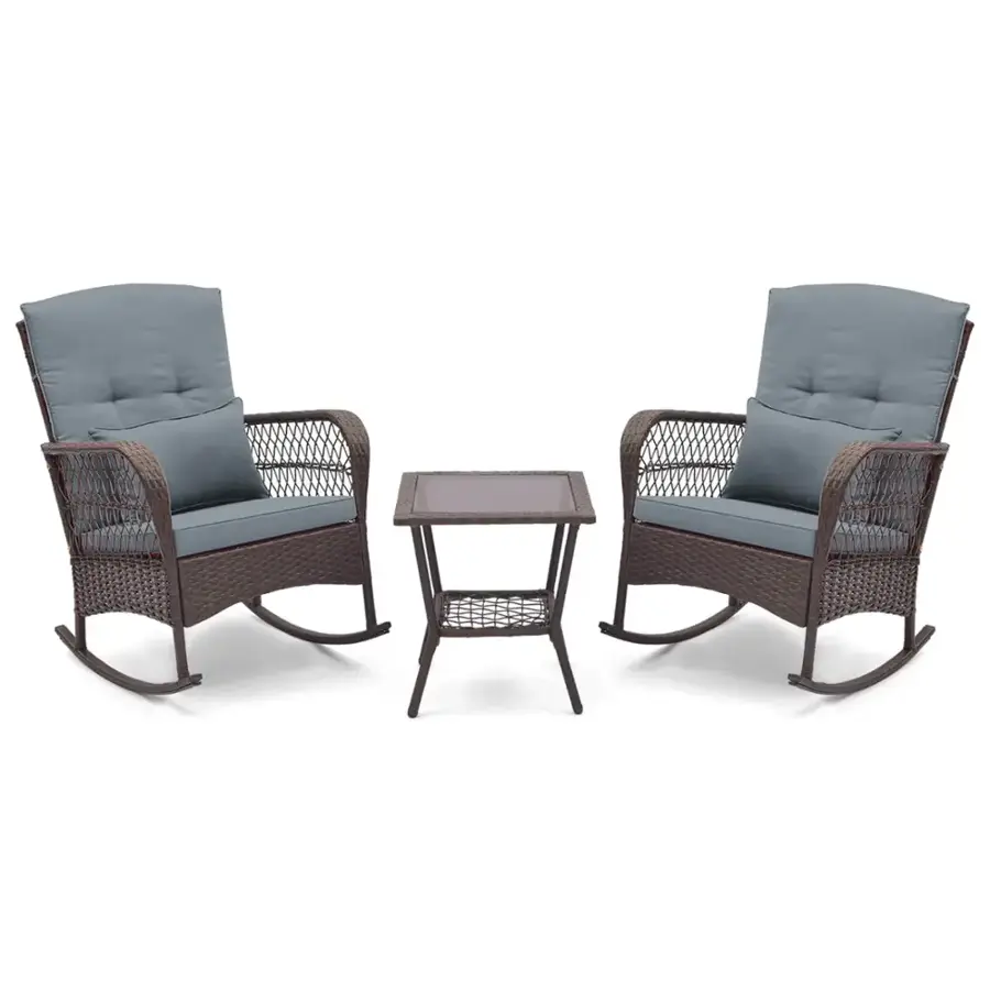 Alt View 9. Costway - 3 PCS Patio Rocker Set Outdoor Wicker Rocking Chairs with Double-Layer Coffee Table - Gray.