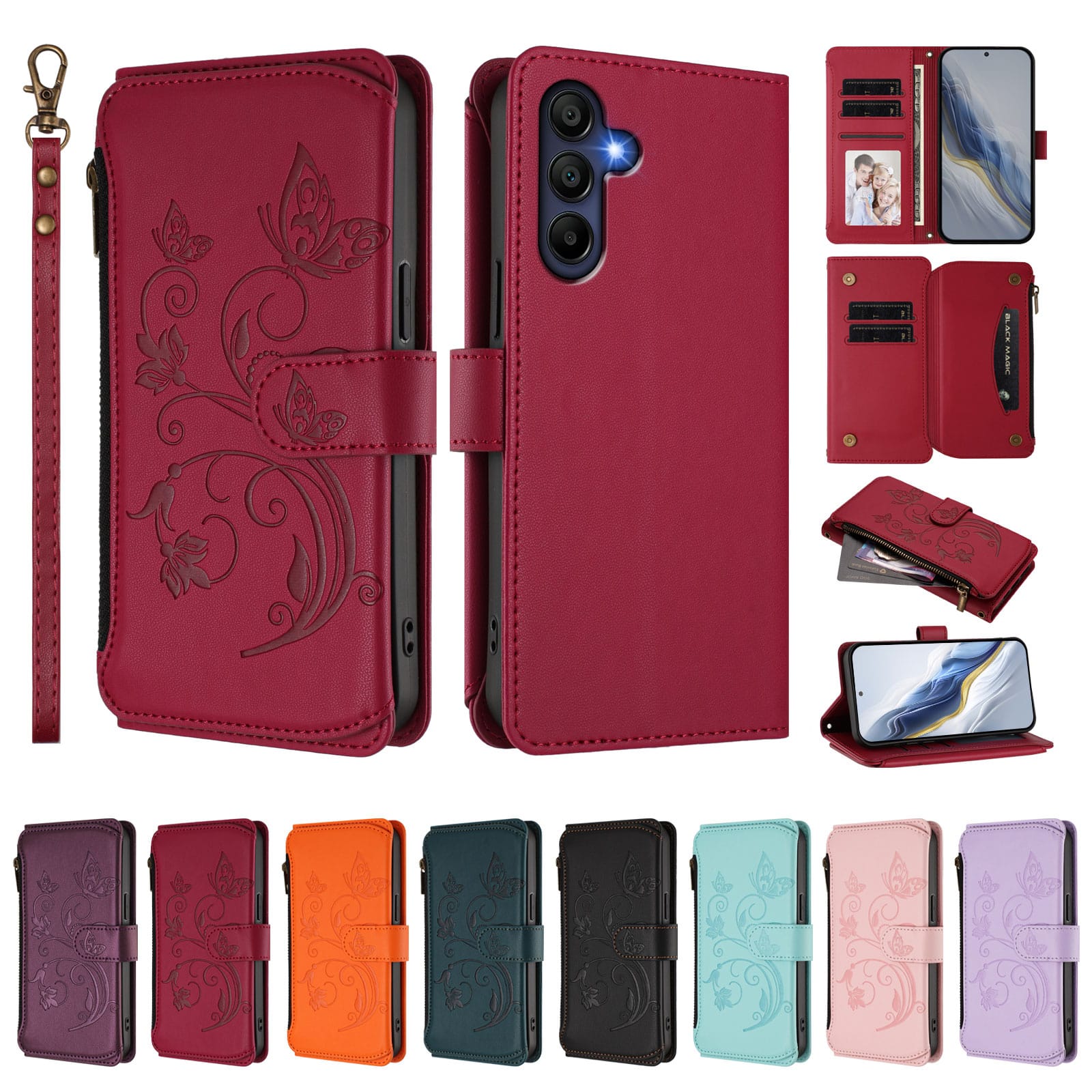 Dteck - Crossbody Wallet Case for Samsung Galaxy A16 5G,Embossed Butterfly Flower Folio Cover with Zipper Pocket+Strap - Red price history on PriceWatchPro