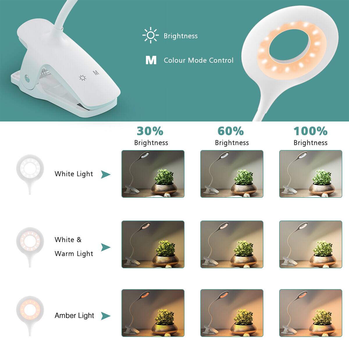 LENCENT 28 LED Desk Lamp Clip Reading Book Light USB Rechargeable Touch ...