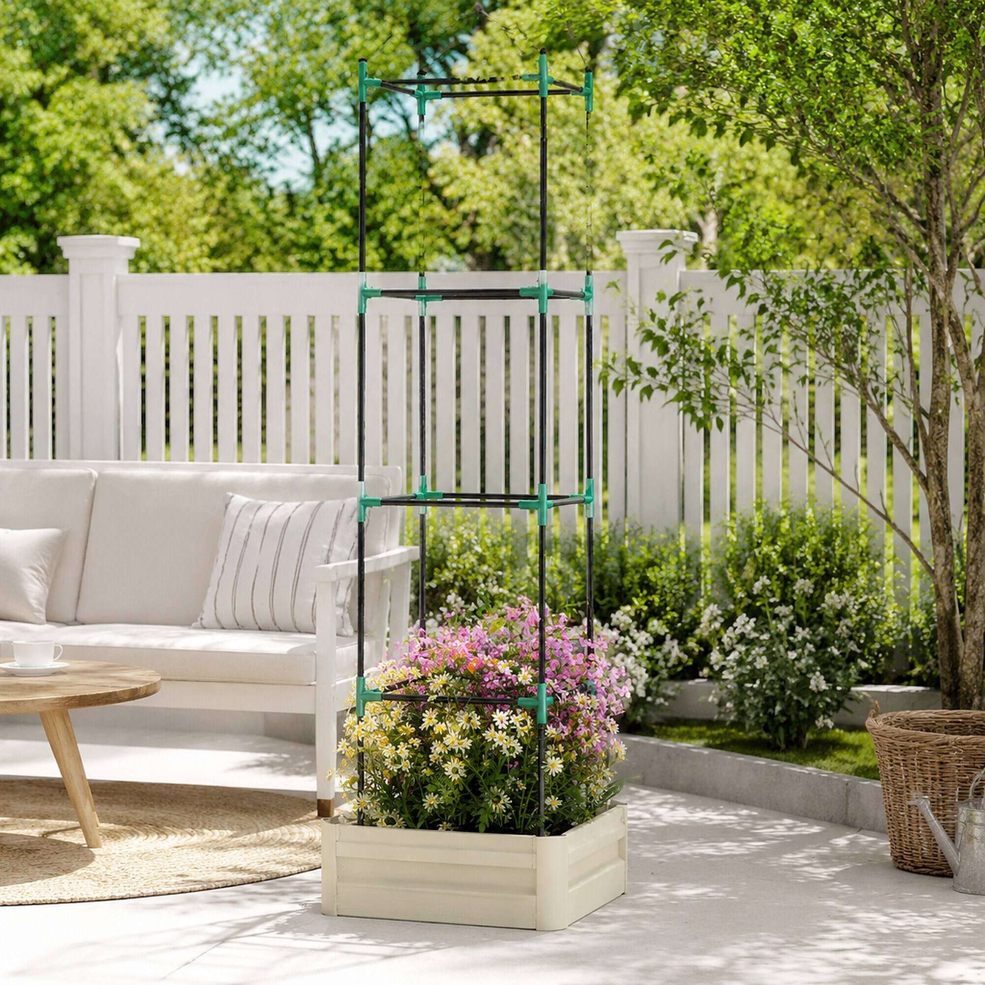 Back. RYHNUYNE - Galvanized Raised Garden Bed 24" x 24" with Trellis Tomato Cage, Open Bottom Metal Planter Box for Climbing - White.