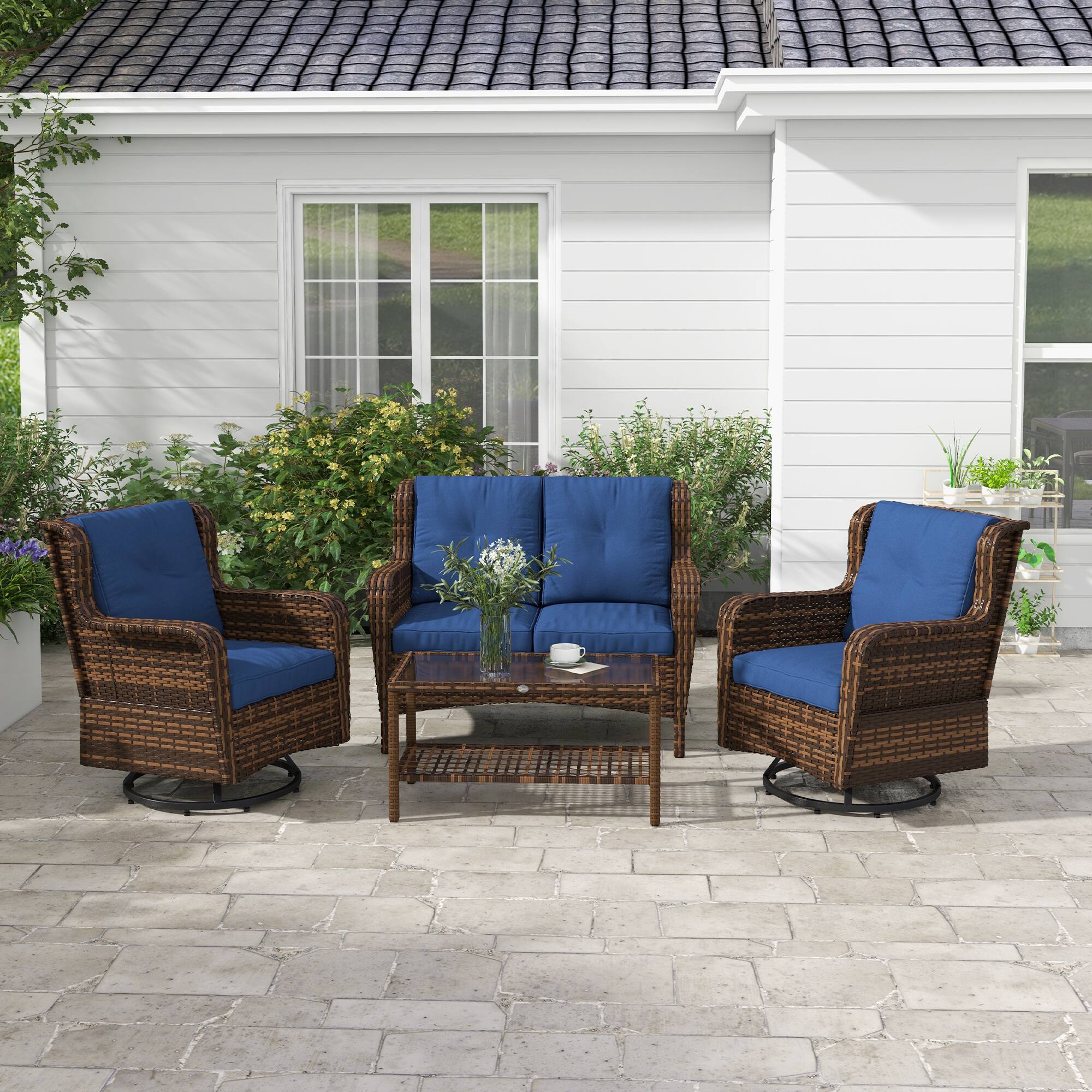 Alt View 1. Outsunny - 4 Piece PE Rattan Outdoor Patio Furniture Set, Wicker Conversation Set with 2 Swivel Glider Chairs - Dark Blue.