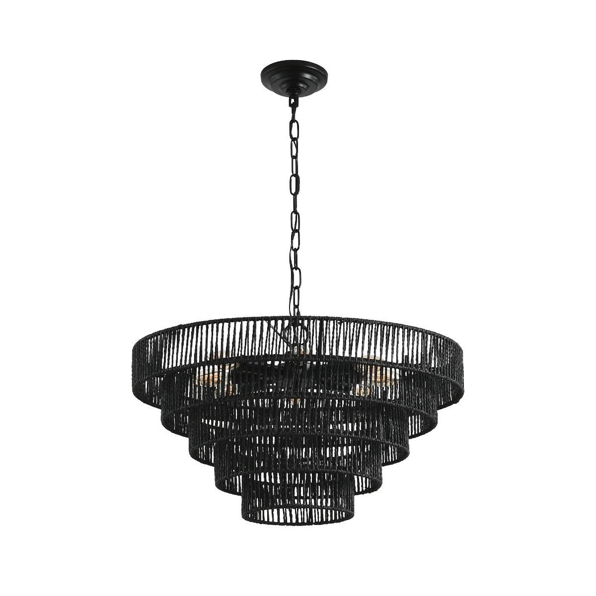 Loheer 24 Inch Black Hemp Rope Chandelier, 5 Tier Rustic Pendant Light ...