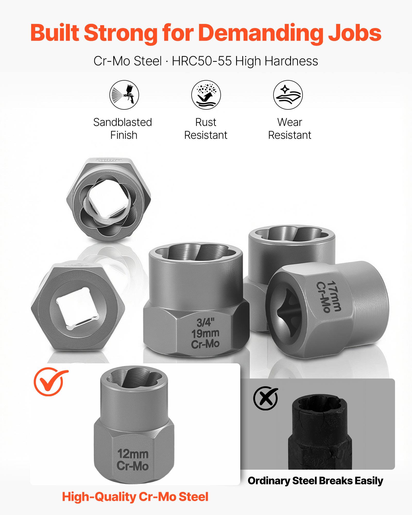 Built Strong for Demanding Jobs  
Cr-Mo Steel • HRC50-55 High Hardness  
Sandblasted Finish  
Rust Resistant  
Wear Resistant  

3/4" 19mm Cr-Mo  
17mm Cr-Mo  
12mm Cr-Mo  

High-Quality Cr-Mo Steel  
Ordinary Steel Breaks Easily
