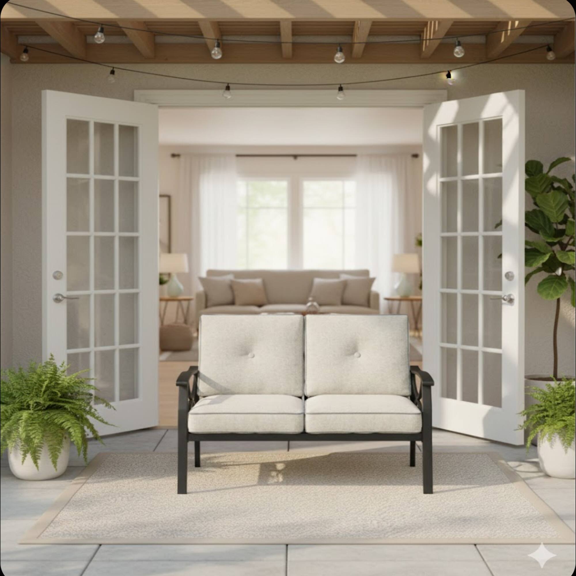 Angle. Mondawe - 48" Metal Loveseat with Cushions and black Frame - Light Khaki+Beige.