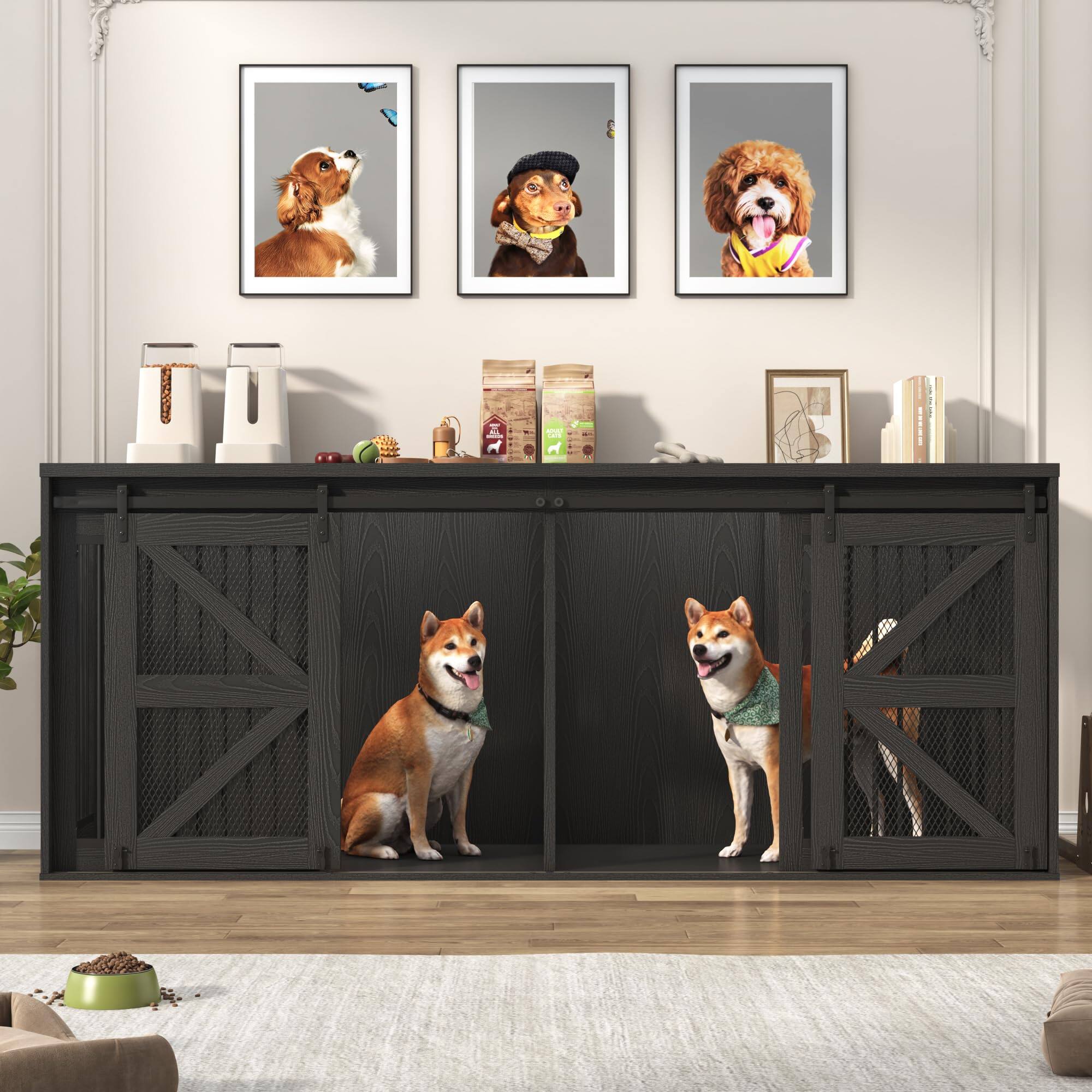 Angle. Espafurni - 87In Farmhouse Dog Crate TV Stand - 2 - Dog Capacity, Sliding Mesh Door.