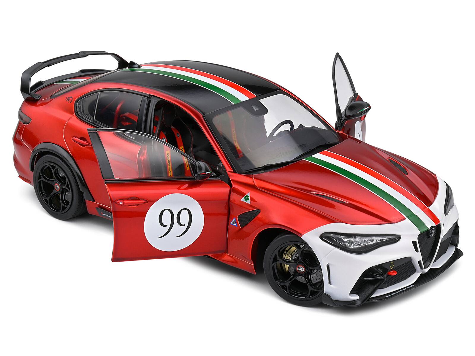 Back. Solido - 2022 Alfa Romeo Giulia GTAm #99 Red Metallic Black Top Italian Flag Stripes "Mugello 1969" Livery 1/18 Competition - Red Metallic And Black.