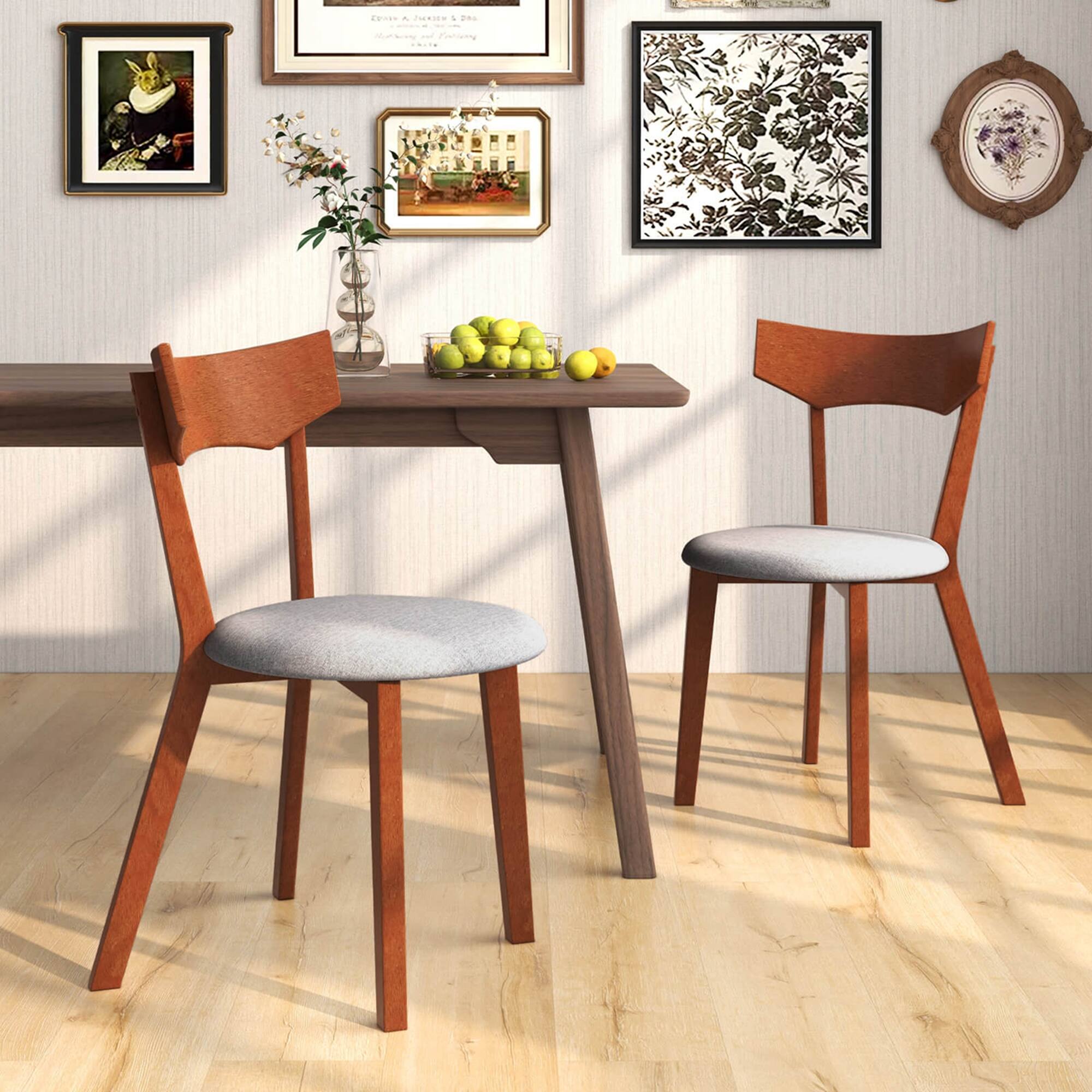 Angle. Costway - Wooden Armless Dining Chair Set of 2 with Rubber Wood Legs Padded Seat Cushion - Walnut+Grey.