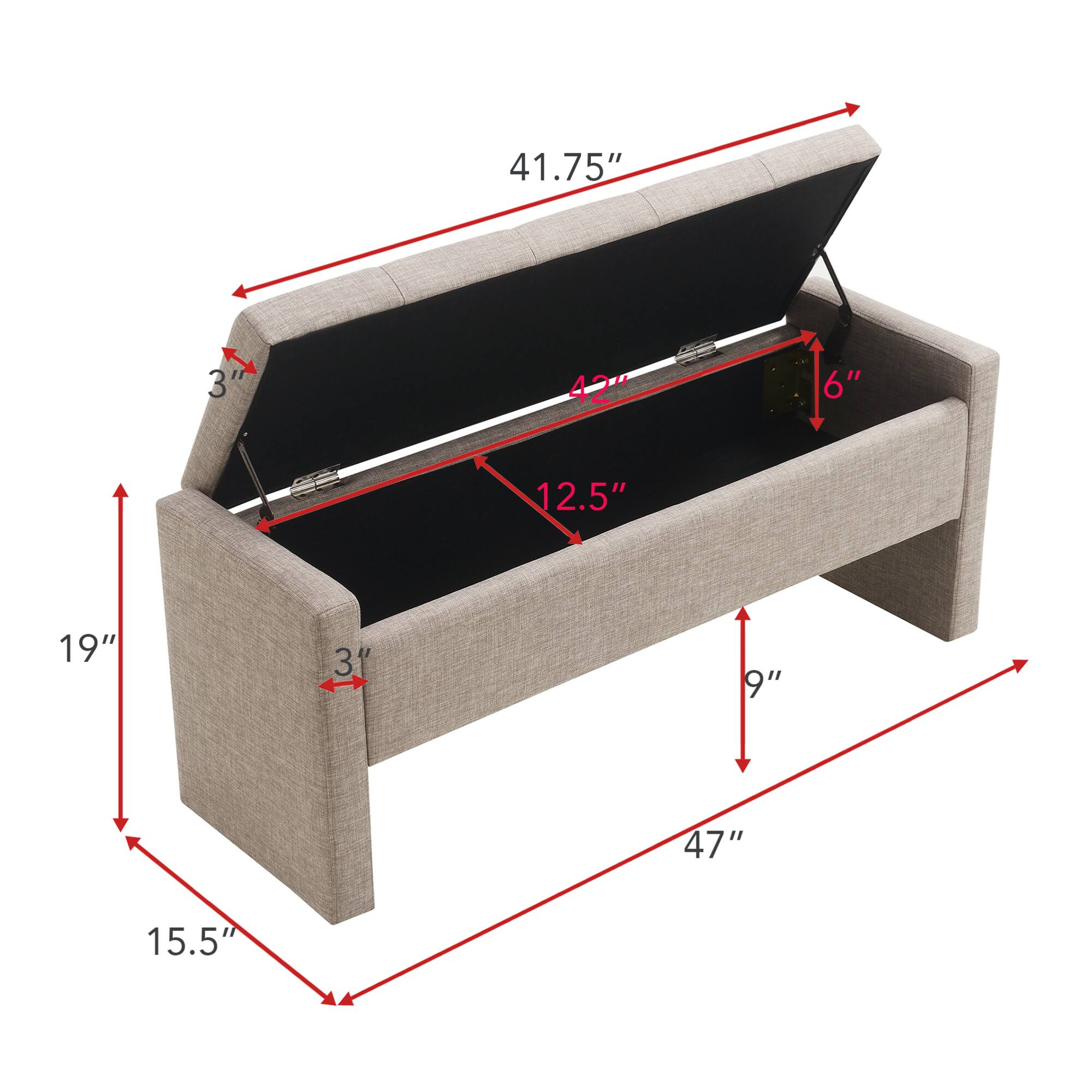 41.75"  
3"  
42"  
6"  
12.5"  
19"  
3"  
9"  
47"  
15.5"