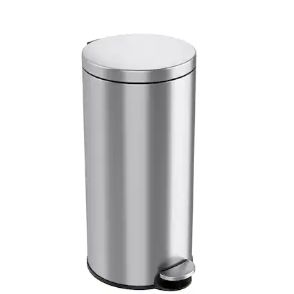 Front. iTouchless - 8 Gallon SoftStep Round Stainless Steel Step Kitchen Trash Can with AbsorbX Odor Filter - Silver.