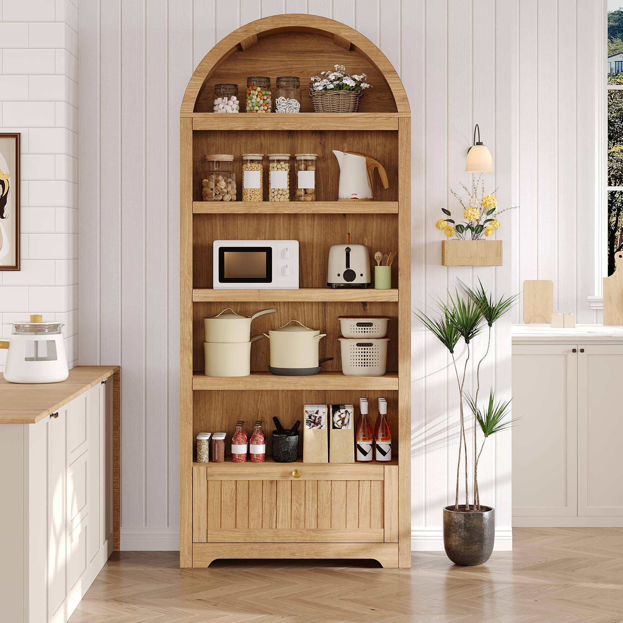 Front. Qeetex - 72" Arched Kitchen Pantry Cabinet with Drawer, 5-Tier Wooden Storage Hutch with Adjustable Shelves - Natural.