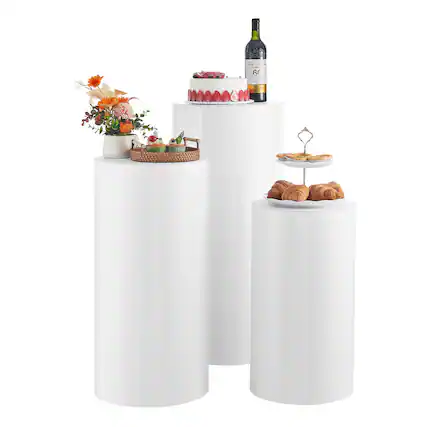 Front. VEVOR - Wedding Flower Stand, 3PCS 23.62/29.53/35.43 inch Round Cylinder Plinth, White Pedestal Stand with PVC Lid - White.