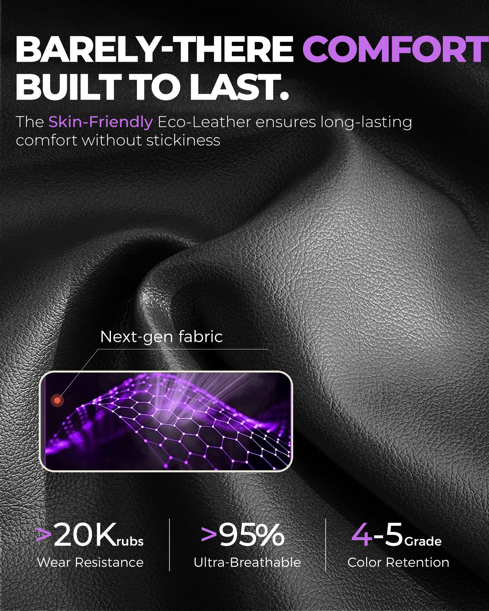 BARELY-THERE COMFORT BUILT TO LAST.  
The Skin-Friendly Eco-Leather ensures long-lasting comfort without stickiness  

Next-gen fabric  
>20K rubs Wear Resistance  
>95% Ultra-Breathable  
4-5 Grade Color Retention