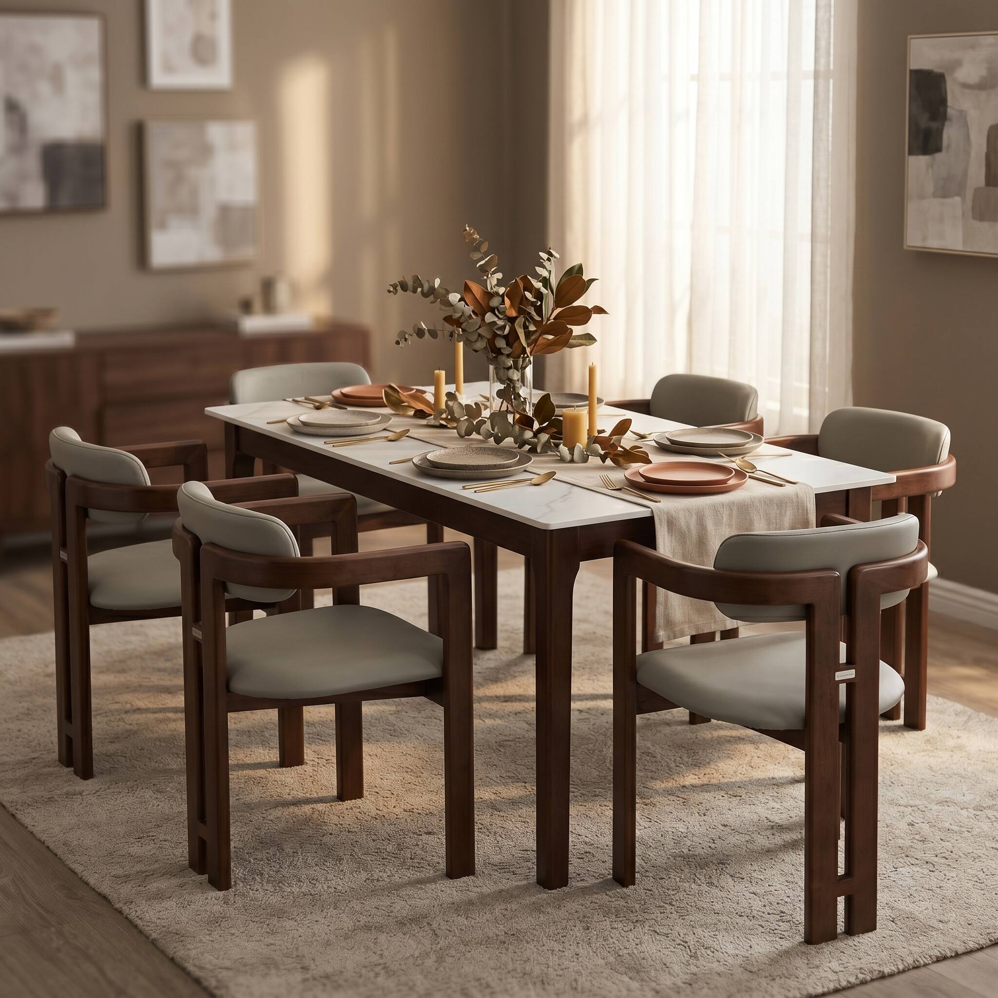 Angle. LeisureMod - Velo Modern Upholstered Faux Leather Dining Chair with Arms - Walnut/Taupe.