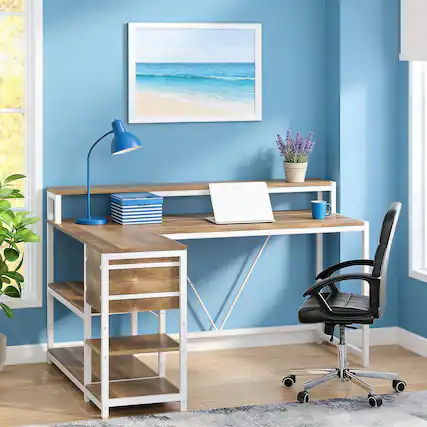 Front. Forest'nSky - L-Shaped Computer Writing Desk for Home Office with Spacious Work Surface,Oak - Oak.