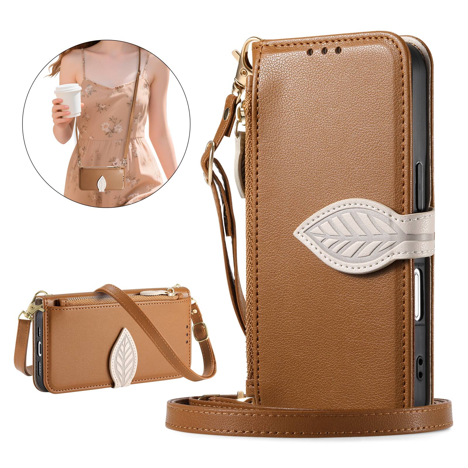 Front. UUCOVER - Zipper Wallet Case for Apple iPhone 18 Pro Magnetic Leather+TPU Card Slots Stand Cover with Shoulder Strap/Wrist Strap - Brown.