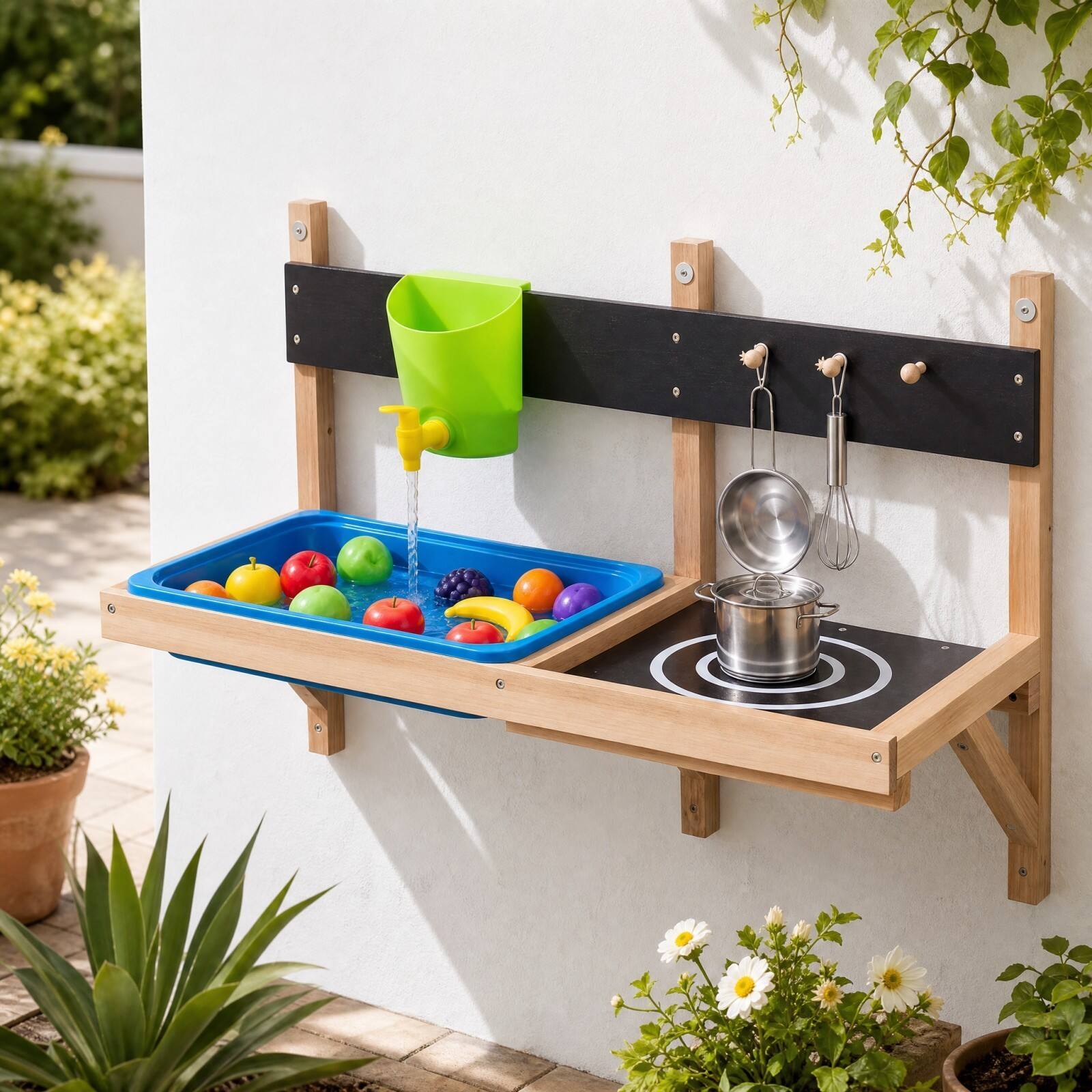 Alt View 1. Costway - Costway Kids Wall Mounted Mud Kitchen Wooden Play Kitchen with Sink Faucet Stove Ages 3+ - Multicolor.
