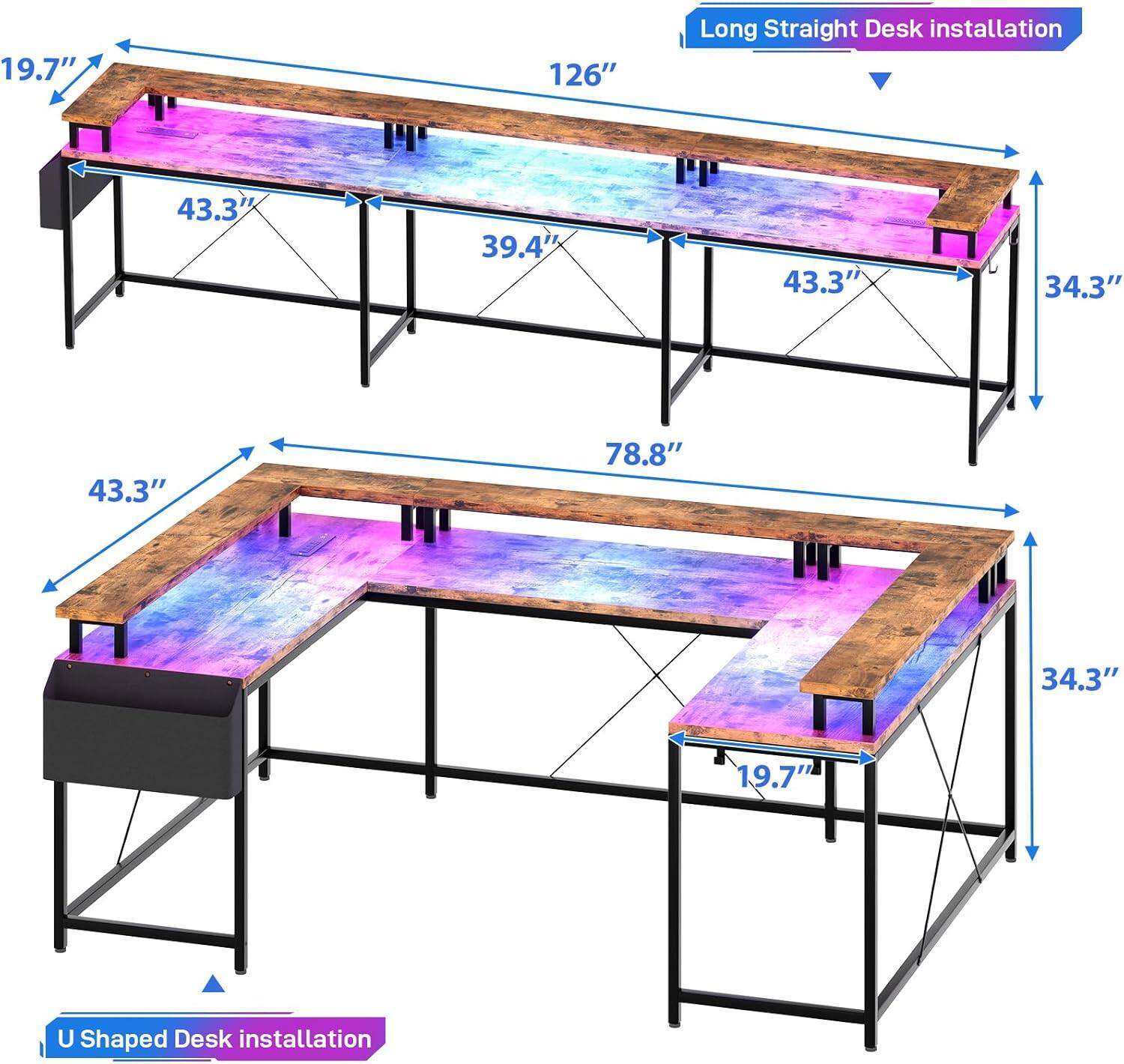 19.7" 126" Long Straight Desk installation  
43.3" 39.4" 43.3" 34.3" 43.3" 78.8" 34.3" 19.7" U Shaped Desk installation