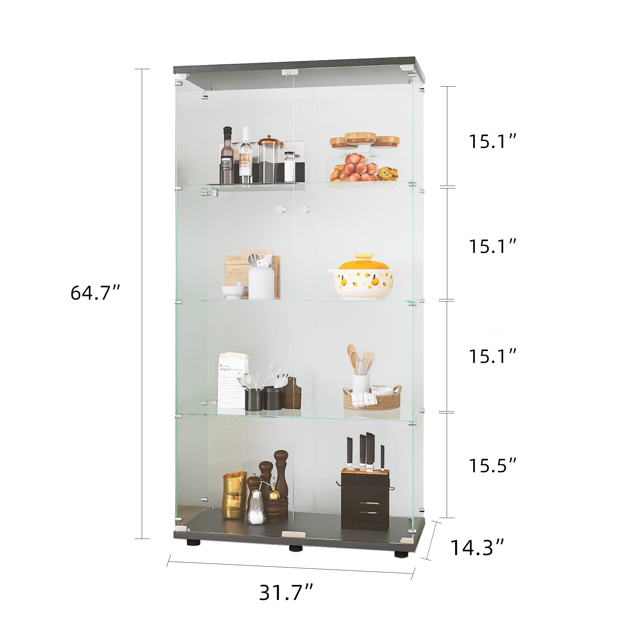 - Height: 64.7"
- Width: 31.7"
- Depth: 14.3"
- Shelf 1 Height: 15.1"
- Shelf 2 Height: 15.1"
- Shelf 3 Height: 15.1"
- Shelf 4 Height: 15.5"