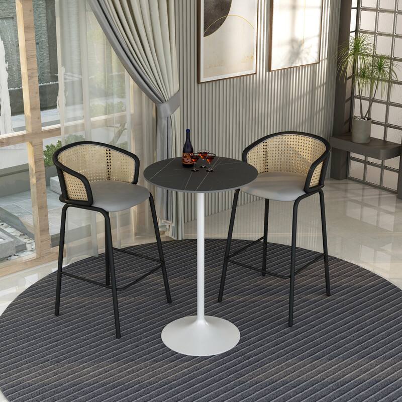 Left. LeisureMod - Verve 27 Inch Round Bar Height Table with Sintered Stone Top and White Base, Modern Small Bistro Pub Accent Table - Black Marbleized.
